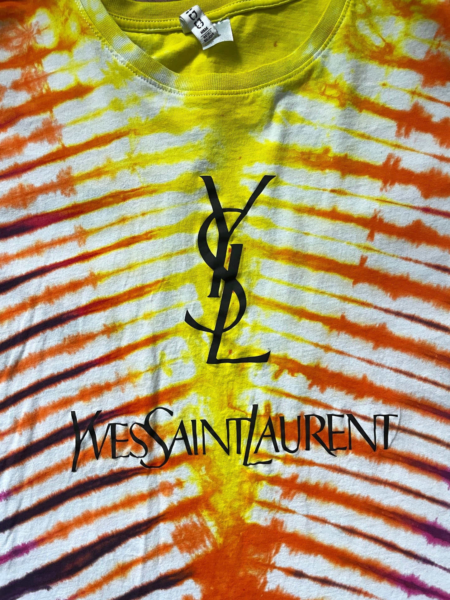 Medium Women's Yves Saint Laurent Handmade Tie Dye Short Sleeve T-Shirt | One-Of-a-Kind Upcycled Pink, Orange, and Yellow Pleated Tie Dye Top