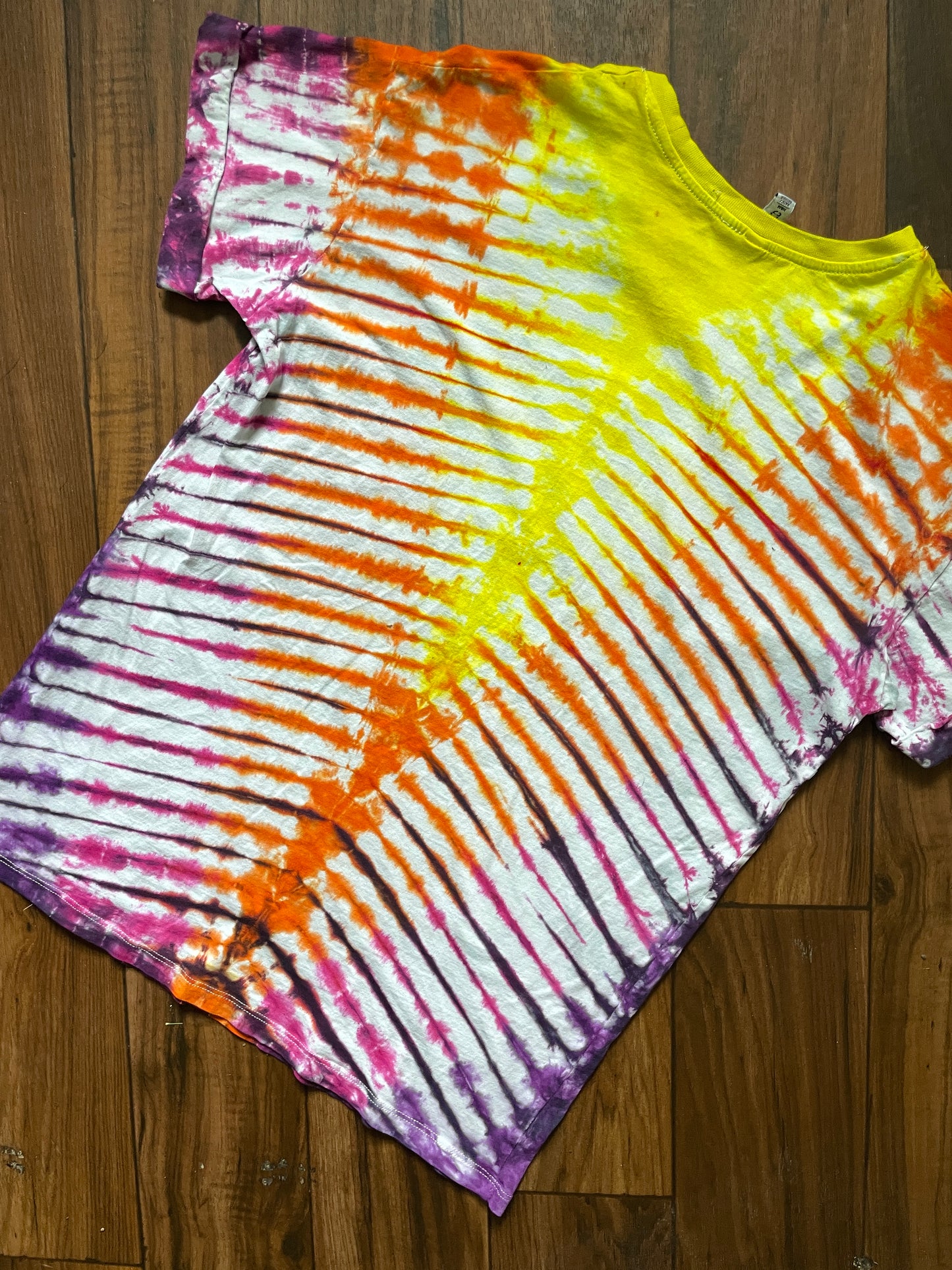 Medium Women's Yves Saint Laurent Handmade Tie Dye Short Sleeve T-Shirt | One-Of-a-Kind Upcycled Pink, Orange, and Yellow Pleated Tie Dye Top