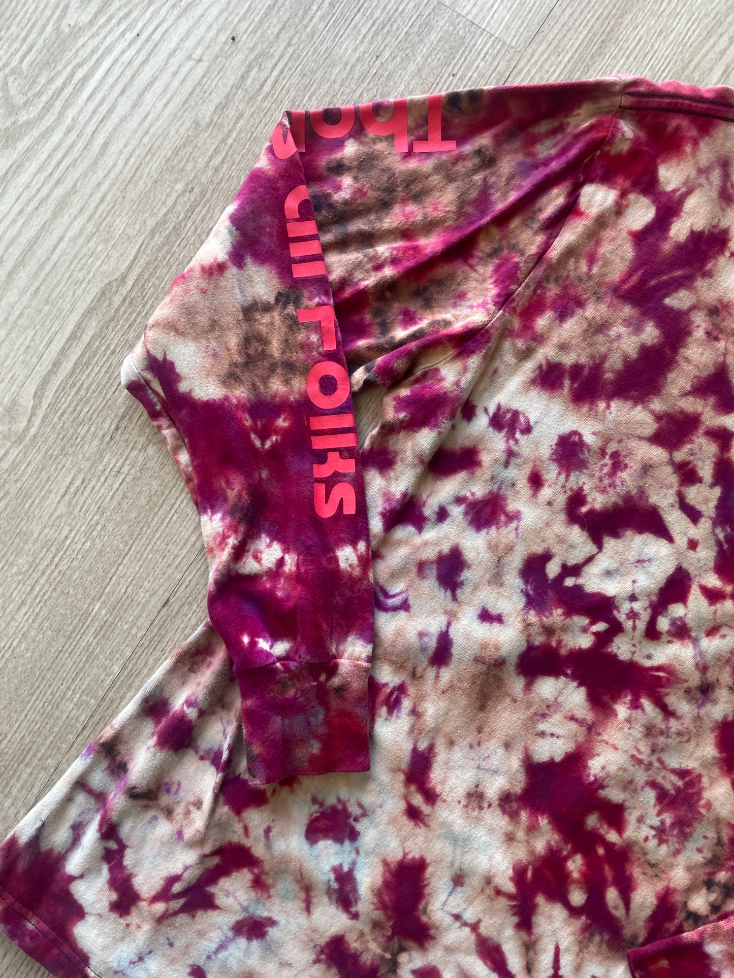LARGE Men's Looney Tunes Front Stoop Handmade Reverse Tie Dye Long Sleeve Sleeve T-Shirt | One-Of-a-Kind Upcycled Black and Red Crumpled Top