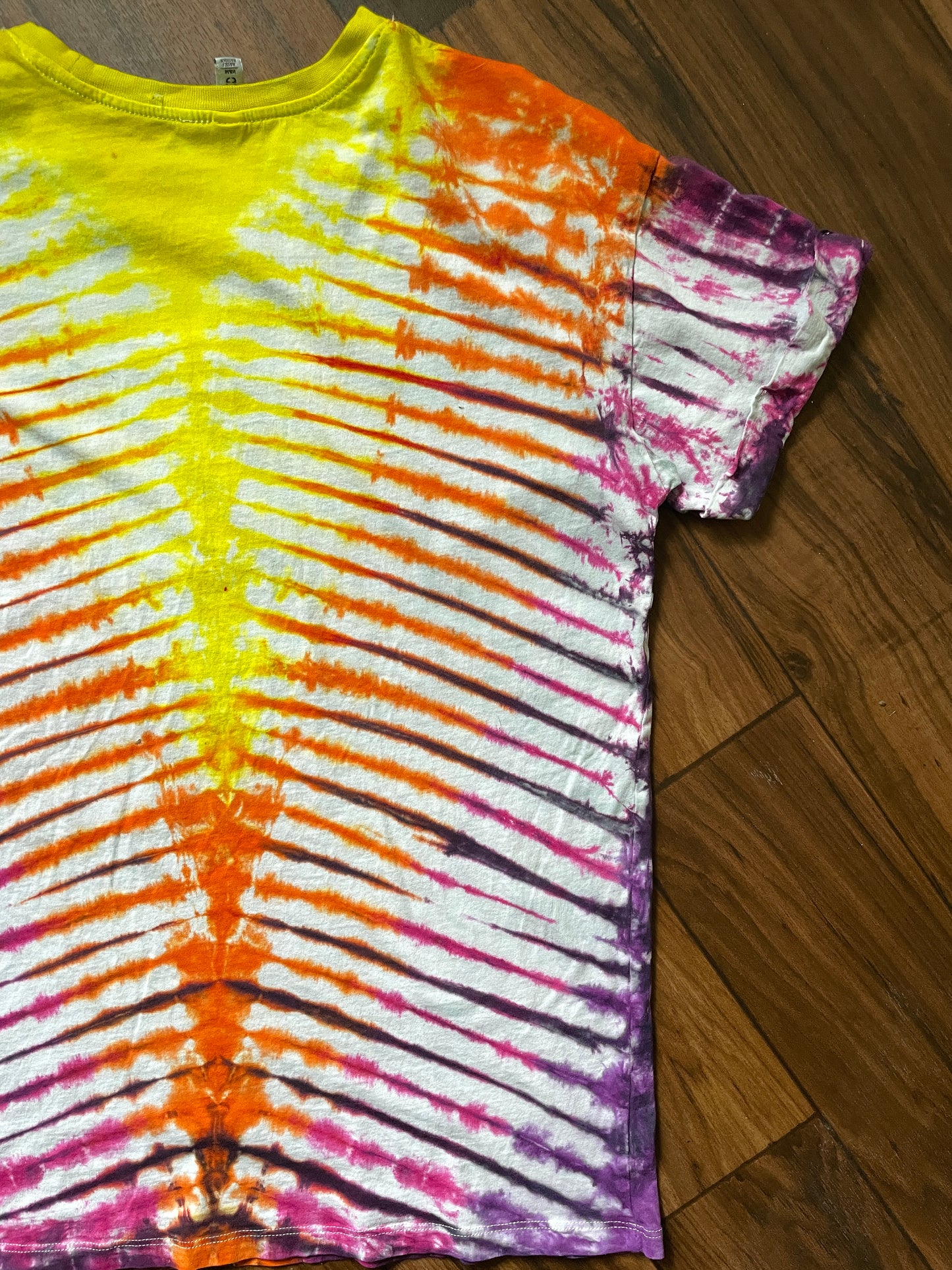 Medium Women's Yves Saint Laurent Handmade Tie Dye Short Sleeve T-Shirt | One-Of-a-Kind Upcycled Pink, Orange, and Yellow Pleated Tie Dye Top