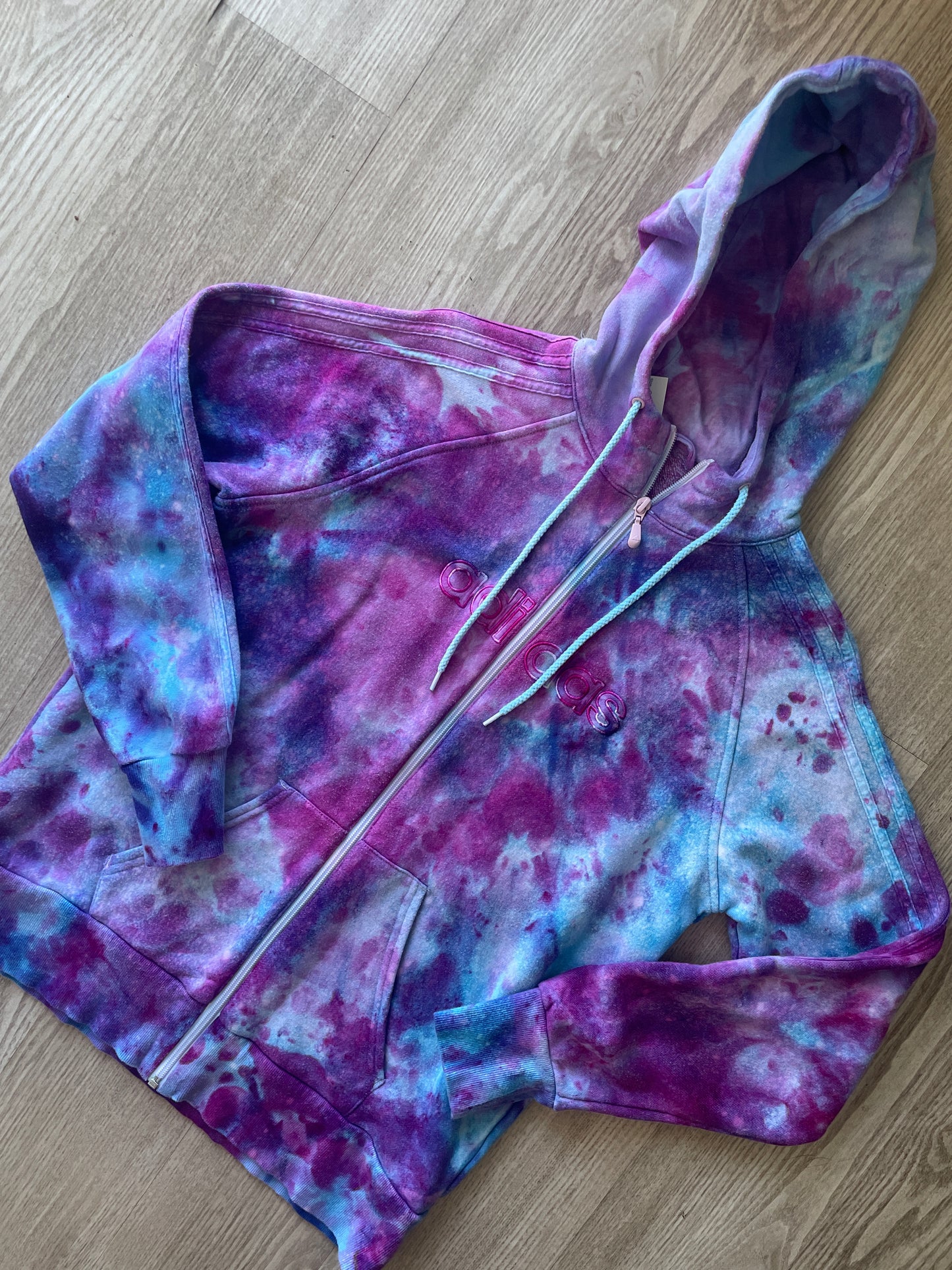 LARGE Women's adidas Galaxy Ice Dye Tie Dye Long Sleeve Full-Zip Hoodie | One-Of-a-Kind Upcycled Blue and Purple Sweatshirt