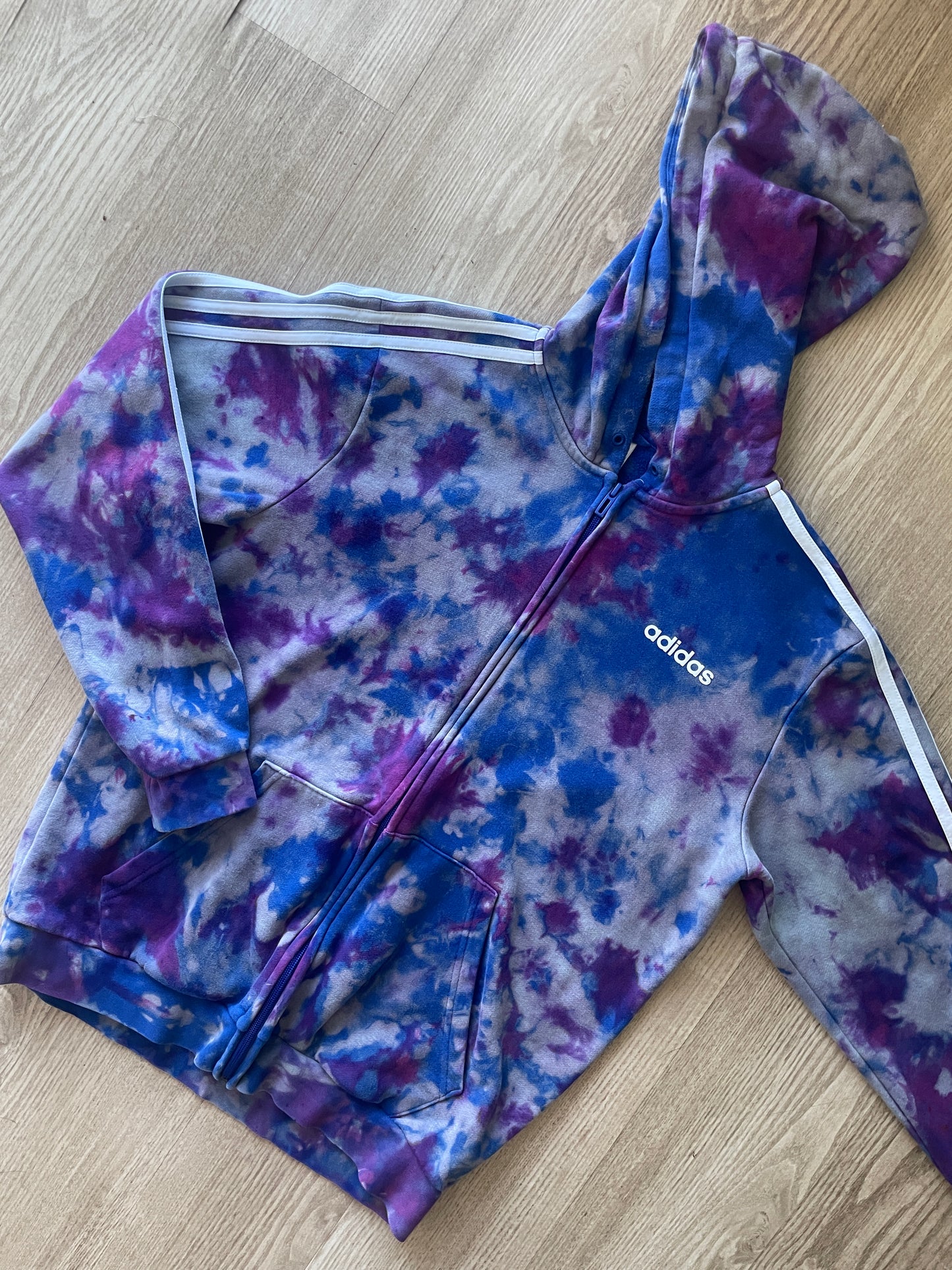 MEDIUM Men's adidas three stripes Handmade Reverse Tie Dye Long Sleeve Hoodie | One-Of-a-Kind Upcycled Blue and Purple Sweatshirt