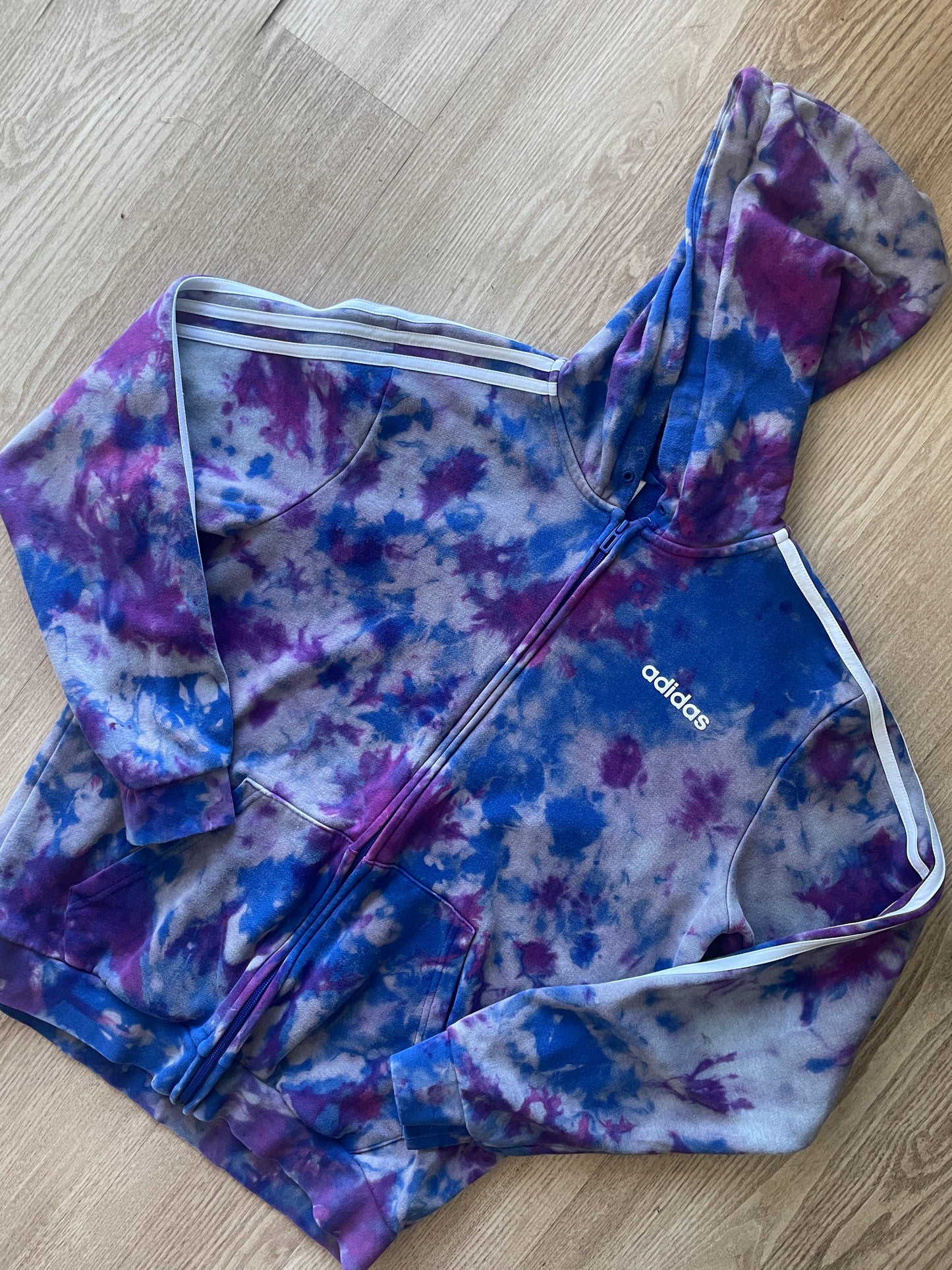 MEDIUM Men's adidas three stripes Handmade Reverse Tie Dye Long Sleeve Hoodie | One-Of-a-Kind Upcycled Blue and Purple Sweatshirt
