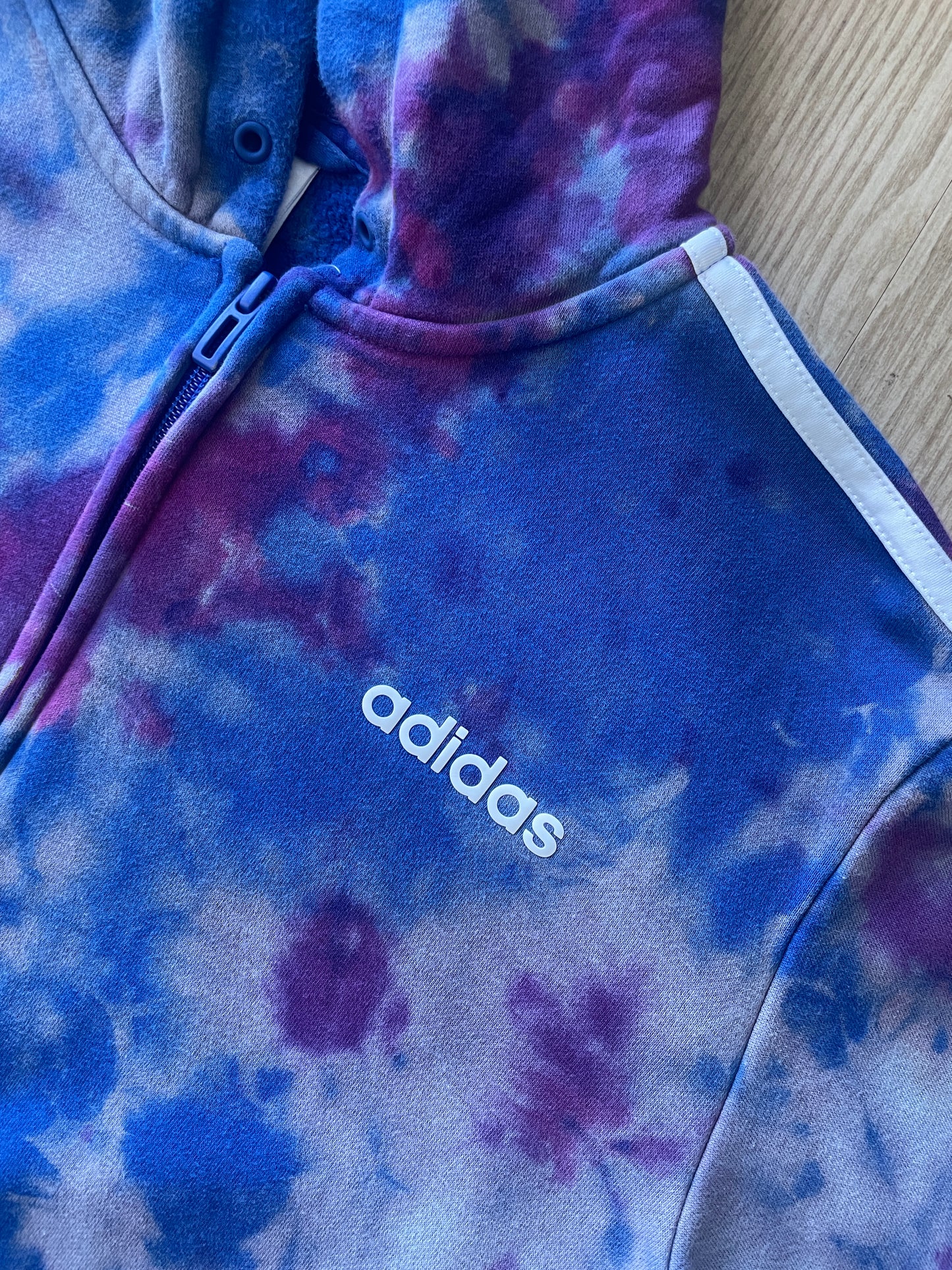 MEDIUM Men's adidas three stripes Handmade Reverse Tie Dye Long Sleeve Hoodie | One-Of-a-Kind Upcycled Blue and Purple Sweatshirt