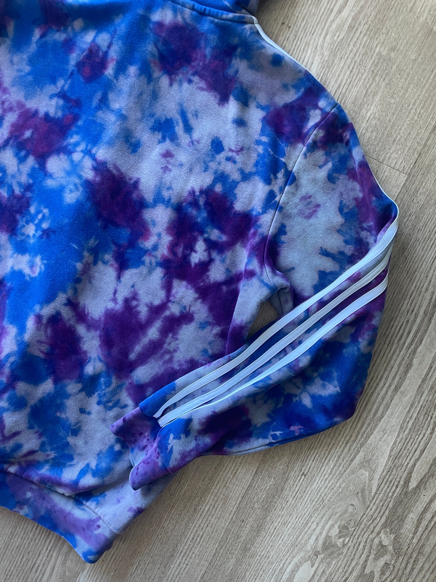 MEDIUM Men's adidas three stripes Handmade Reverse Tie Dye Long Sleeve Hoodie | One-Of-a-Kind Upcycled Blue and Purple Sweatshirt