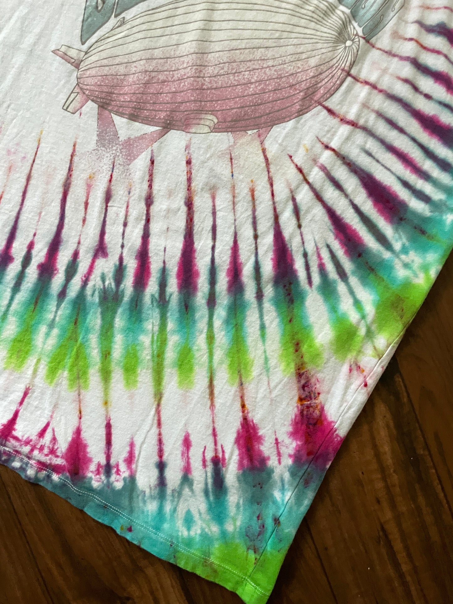 M/L Men's Led Zeppelin Mother Ship Handmade Tie Dye Short Sleeve T-Shirt | One-Of-a-Kind Upcycled Pink and Green Pleated Tie Dye Top