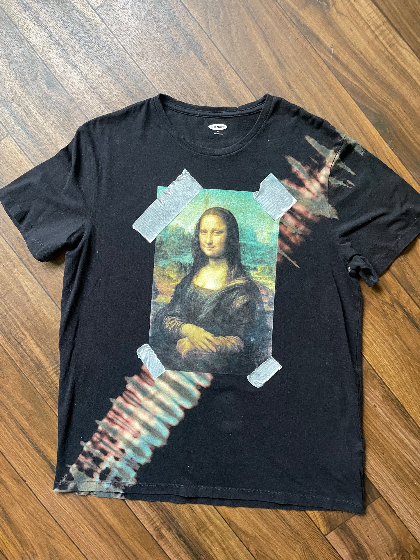 Mona Lisa Duct Tape Handmade Reverse Tie Dye Short Sleeve T-Shirt | One-Of-a-Kind Upcycled Black and Blue Tie Dye Top | Men's XL