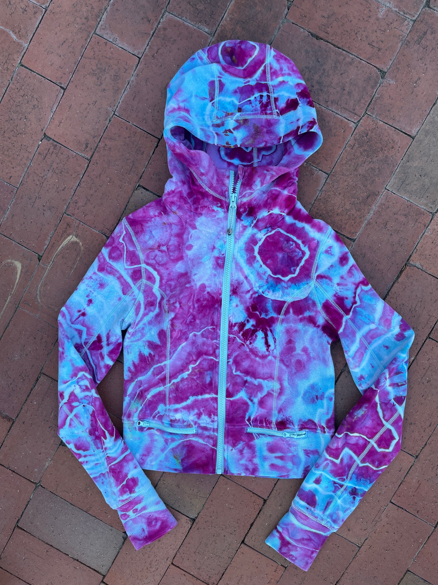 SMALL Women's lululemon Handmade Galaxy Ice Dye Geode Full-Zip Running Hoodie | One-Of-a-Kind Upcycled Blue and Purple Yoga Sweatshirt
