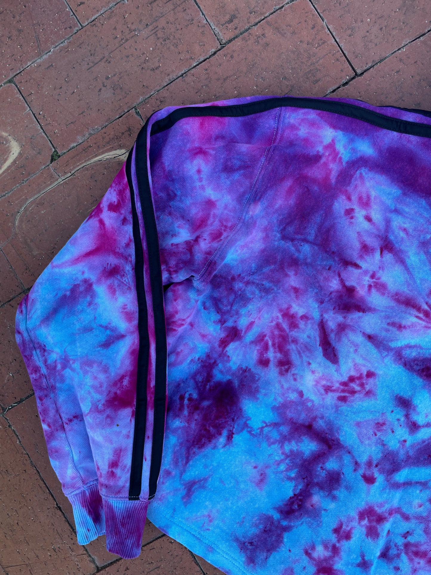 MEDIUM Women's adidas Galaxy Ice Dye Tie Dye Long Sleeve Cropped Hoodie | One-Of-a-Kind Upcycled Blue and Purple Pullover Sweatshirt