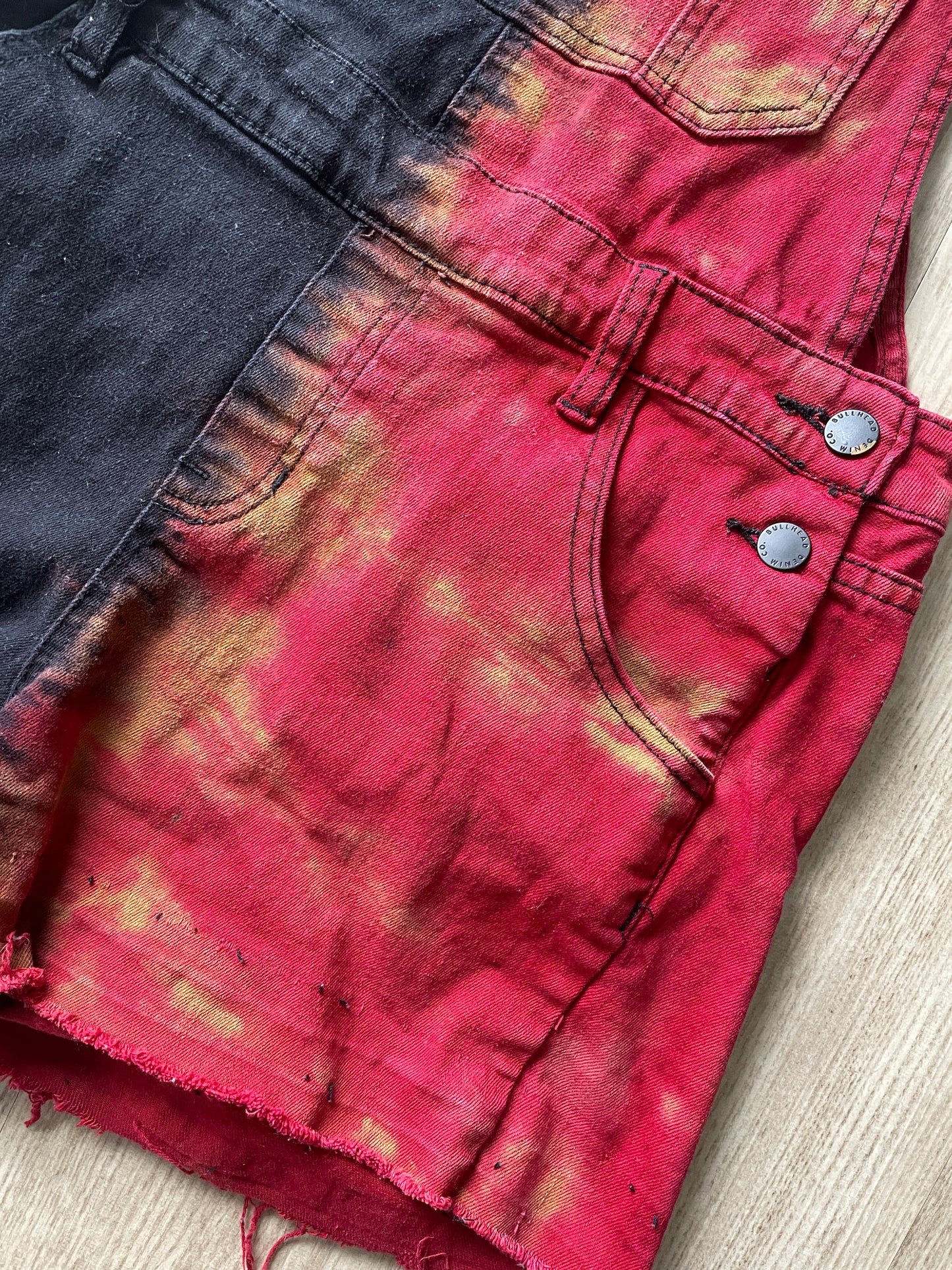 Junior's Size 9 Half Black Half Red Tie Dye Short Overalls | One-Of-a-Kind Upcycled Black and Red Overalls