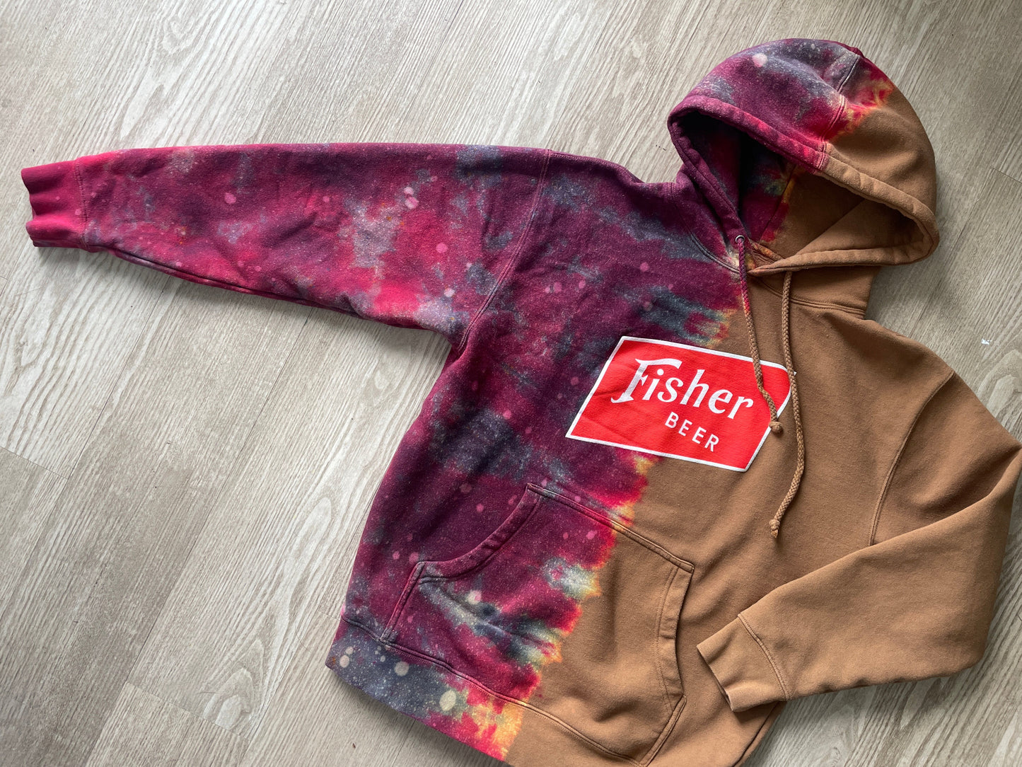 Medium Men’s Fisher Brewing Handmade Reverse Tie Dye Hoodie | One-Of-a-Kind Upcycled Brown, Red, and Black Dip Dye Tie Dye Sweatshirt