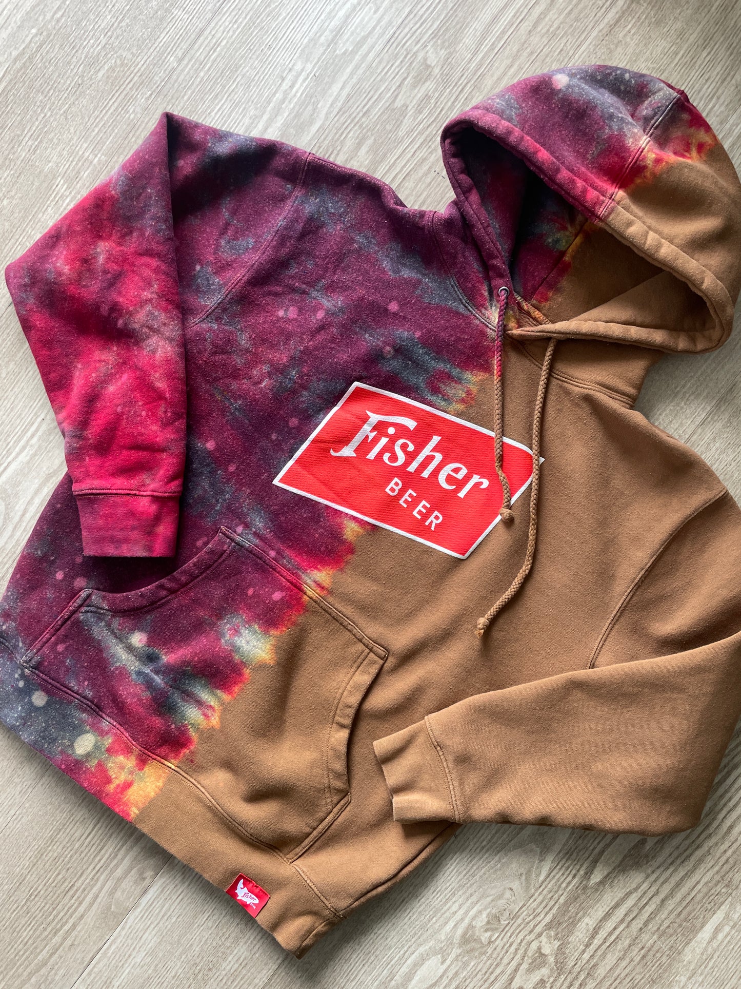 Medium Men’s Fisher Brewing Handmade Reverse Tie Dye Hoodie | One-Of-a-Kind Upcycled Brown, Red, and Black Dip Dye Tie Dye Sweatshirt