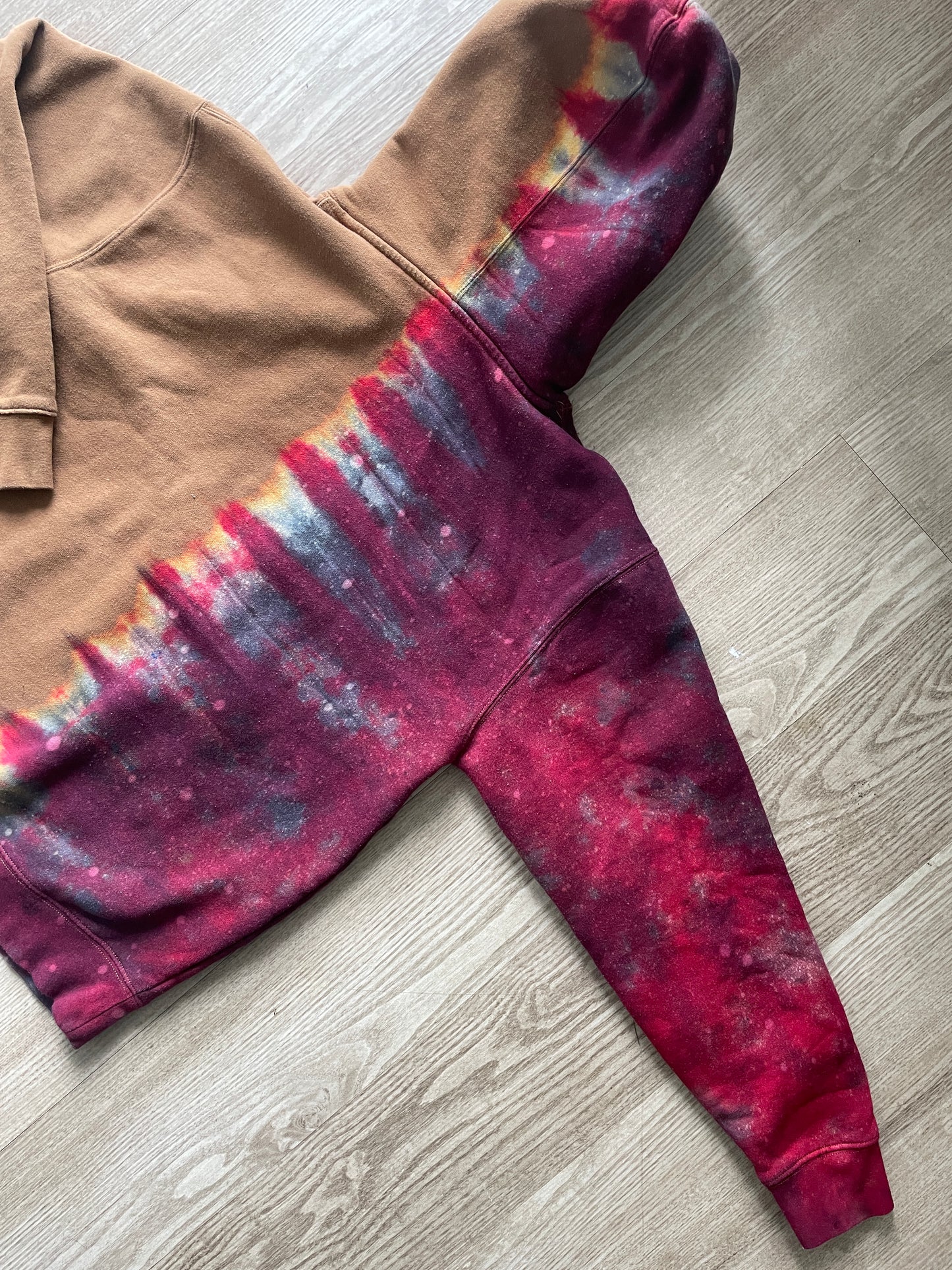 Medium Men’s Fisher Brewing Handmade Reverse Tie Dye Hoodie | One-Of-a-Kind Upcycled Brown, Red, and Black Dip Dye Tie Dye Sweatshirt