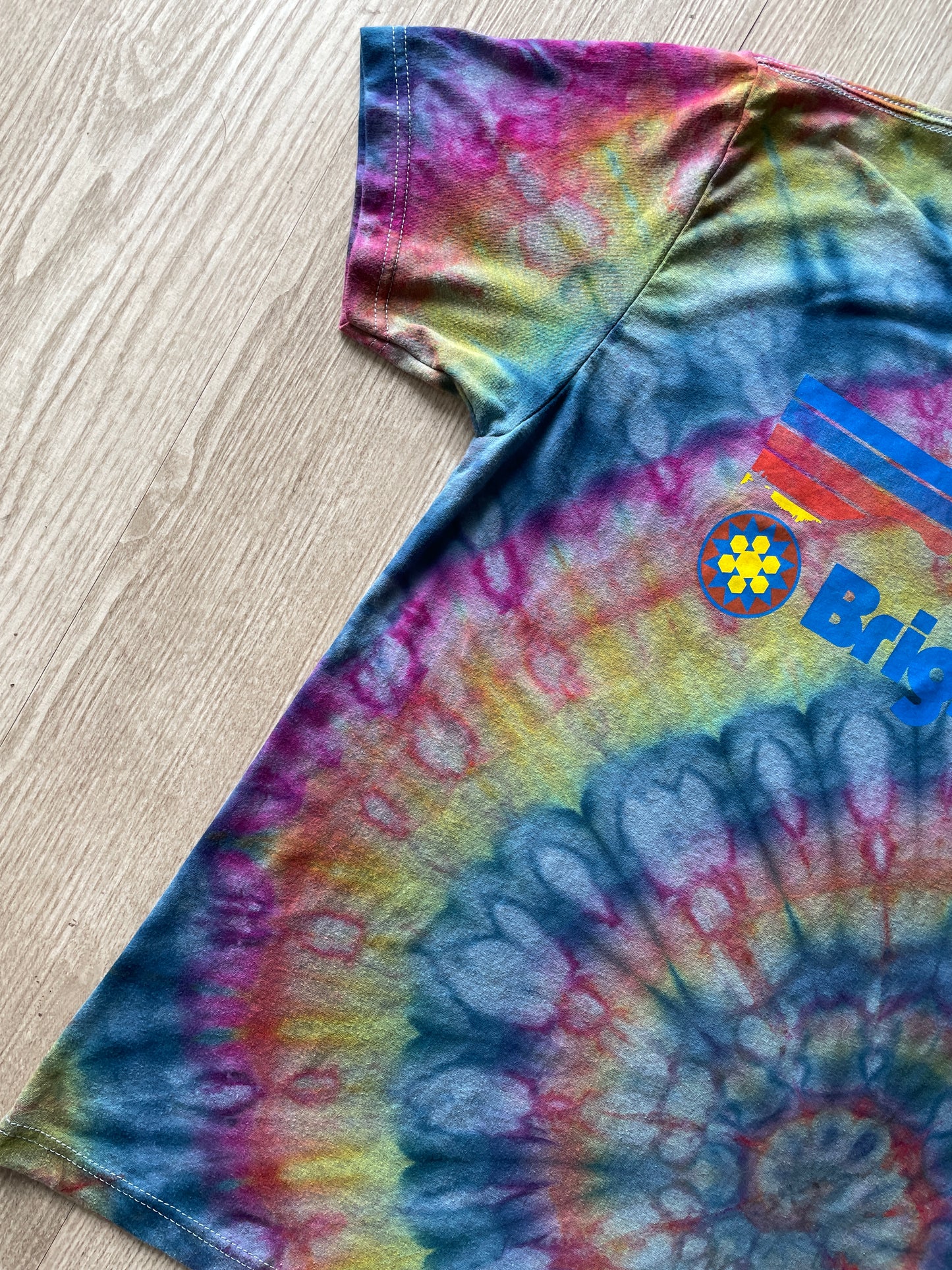 MEDIUM Men’s Brighton Ski Resort Handmade Ice Dye Spiral Short Sleeve T-Shirt | One-Of-a-Kind Pastel Blue, Pink, and Yellow Tie Dye Top