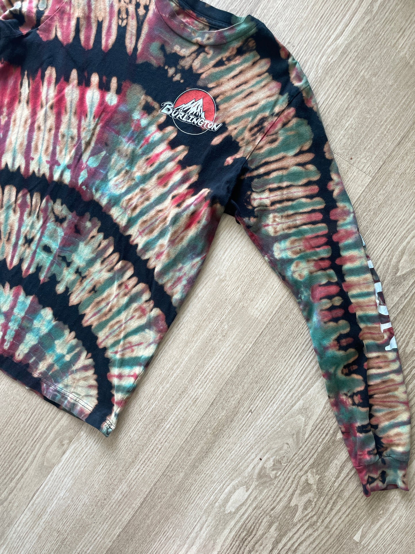 MEDIUM Men’s Burton Burlington Flagship Store Handmade Reverse Tie Dye T-Shirt | One-Of-a-Kind Black, Blue, and Red Long Sleeve