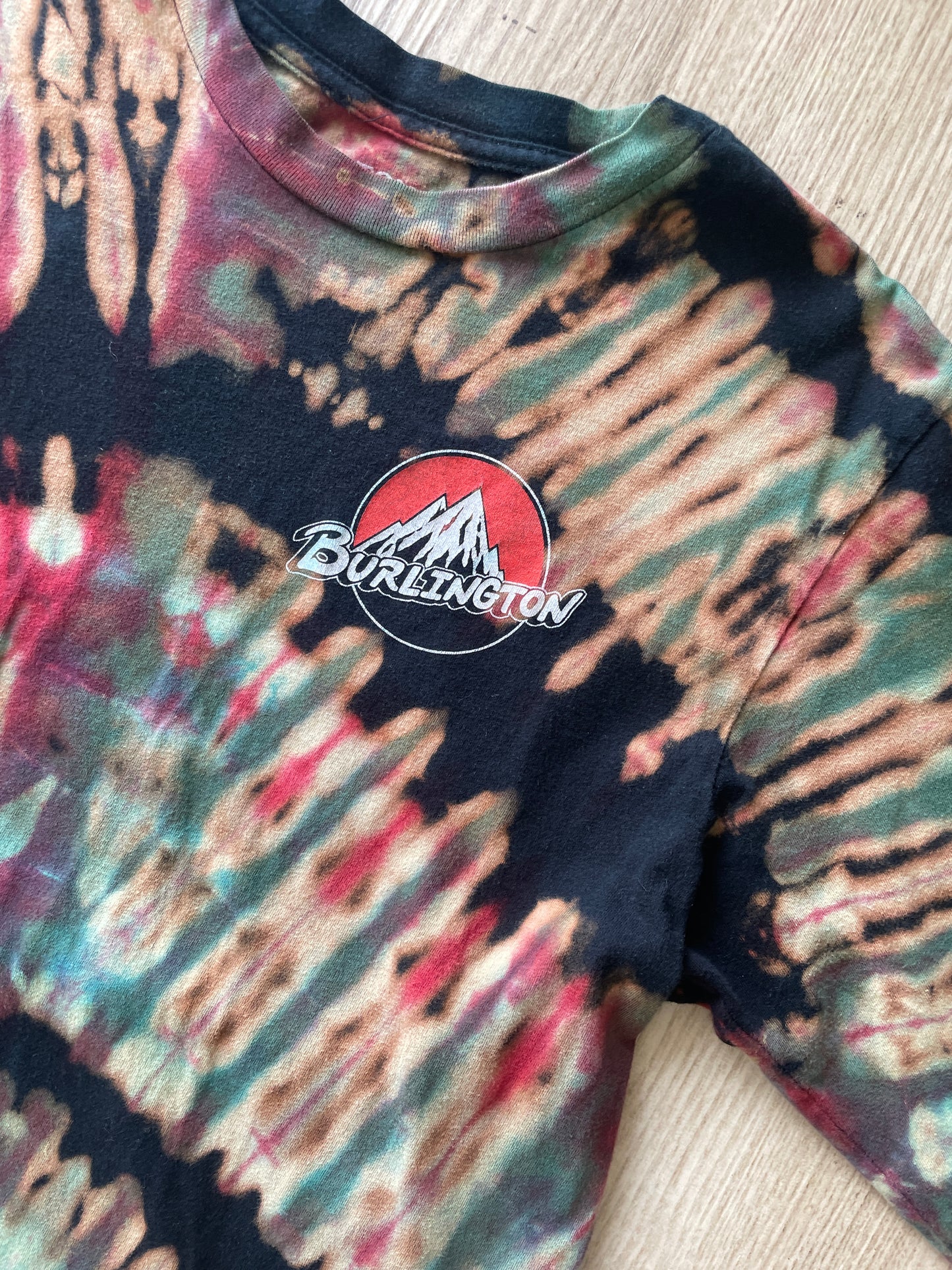 MEDIUM Men’s Burton Burlington Flagship Store Handmade Reverse Tie Dye T-Shirt | One-Of-a-Kind Black, Blue, and Red Long Sleeve