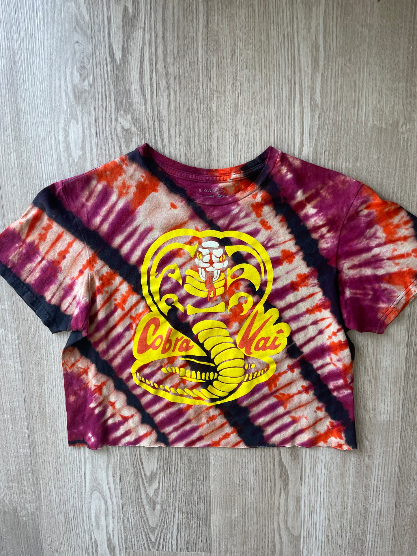 MEDIUM Unisex Cobra Kai Handmade Reverse Tie Dye Cropped T-Shirt | Black, Burgundy, and Orange Pleated Short Sleeve Crop Top