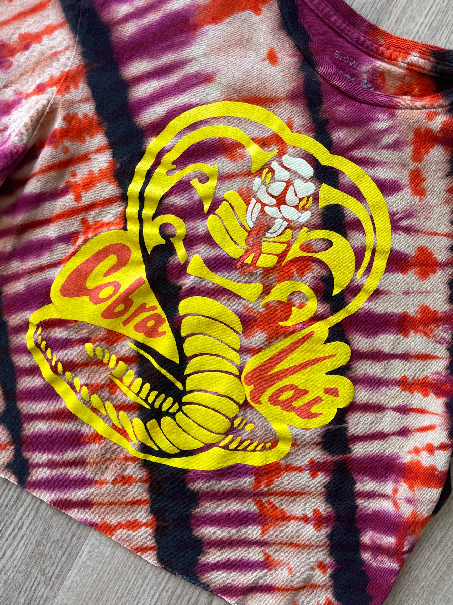 MEDIUM Unisex Cobra Kai Handmade Reverse Tie Dye Cropped T-Shirt | Black, Burgundy, and Orange Pleated Short Sleeve Crop Top