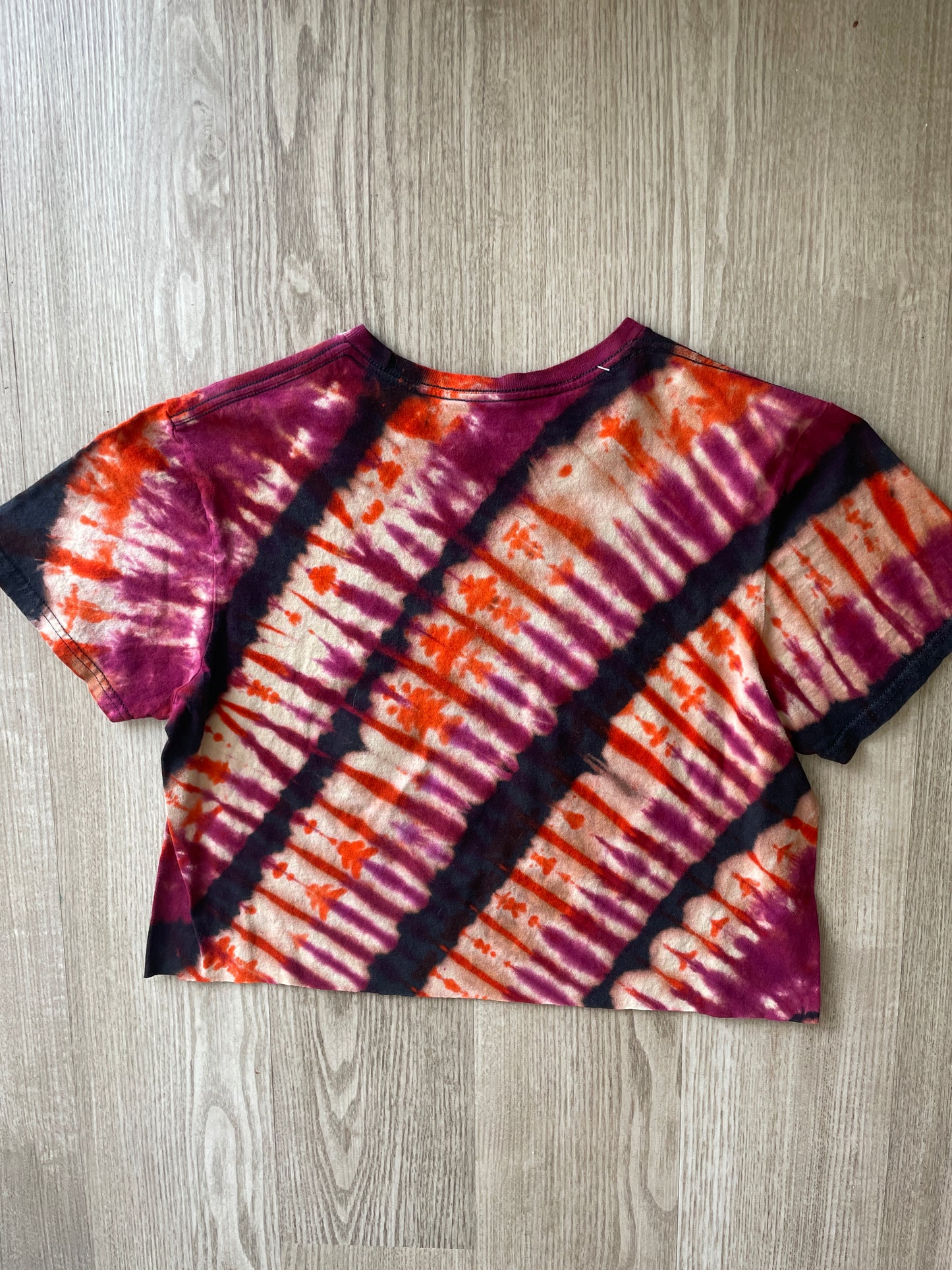 MEDIUM Unisex Cobra Kai Handmade Reverse Tie Dye Cropped T-Shirt | Black, Burgundy, and Orange Pleated Short Sleeve Crop Top