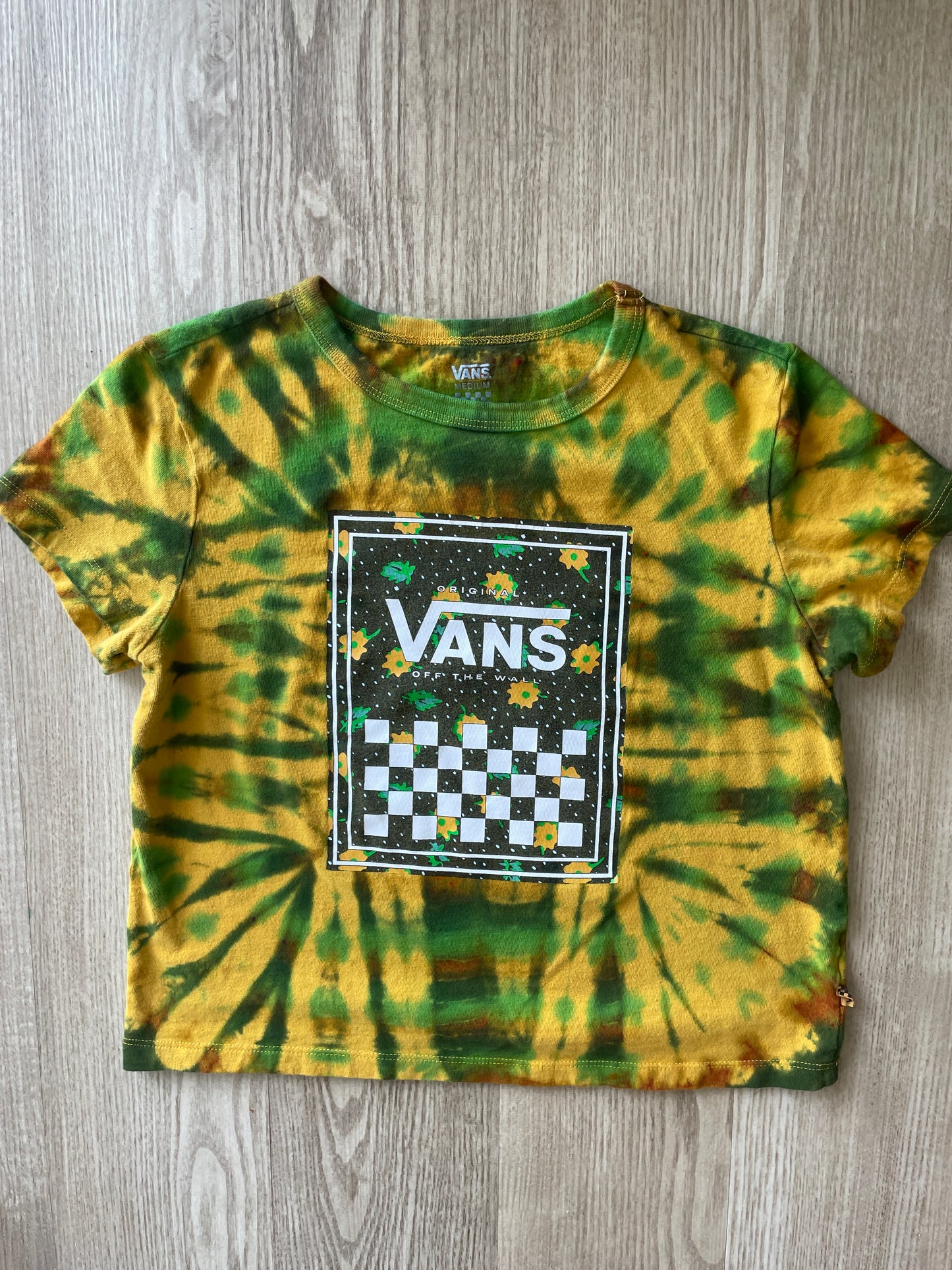 MEDIUM Women’s Vans Floral Print Handmade Tie Dye Crop Top | One-Of-a-Kind Yellow and Green Short Sleeve T-Shirt