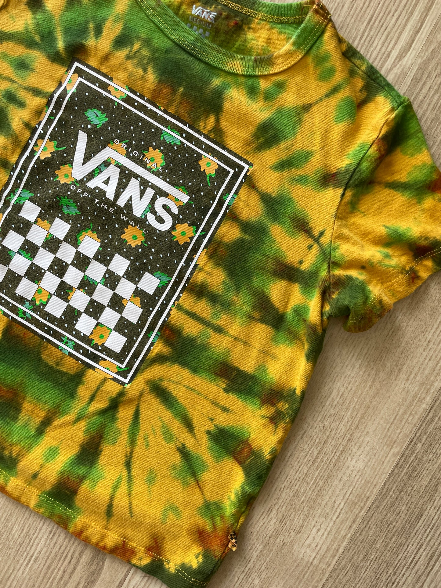 MEDIUM Women’s Vans Floral Print Handmade Tie Dye Crop Top | One-Of-a-Kind Yellow and Green Short Sleeve T-Shirt