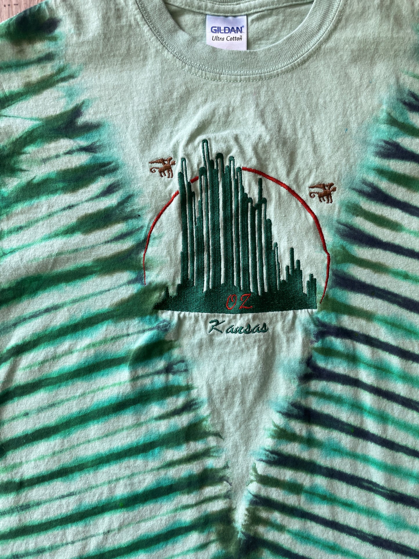 MEDIUM Men’s Wizard of Oz "Kansas" Flying Monkeys Embroidered Handmade Tie Dye T-Shirt | One-Of-a-Kind Emerald Green Short Sleeve