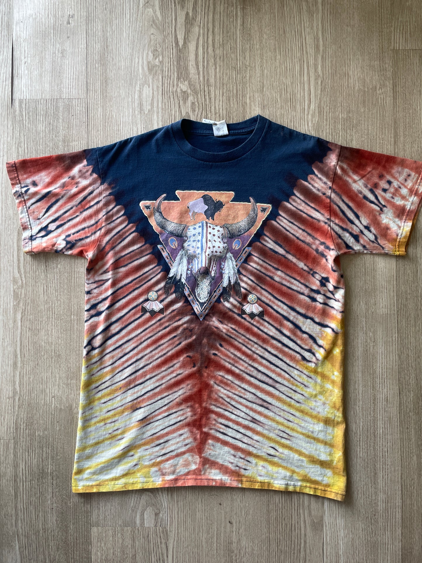 MEDIUM Men’s Vintage Levi's Western Cow Skull Handmade Reverse Tie Dye Short Sleeve T-Shirt | One-Of-a-Kind Upcycled Navy Blue, Brown, and Yellow Desert Tones Tie Dye Top