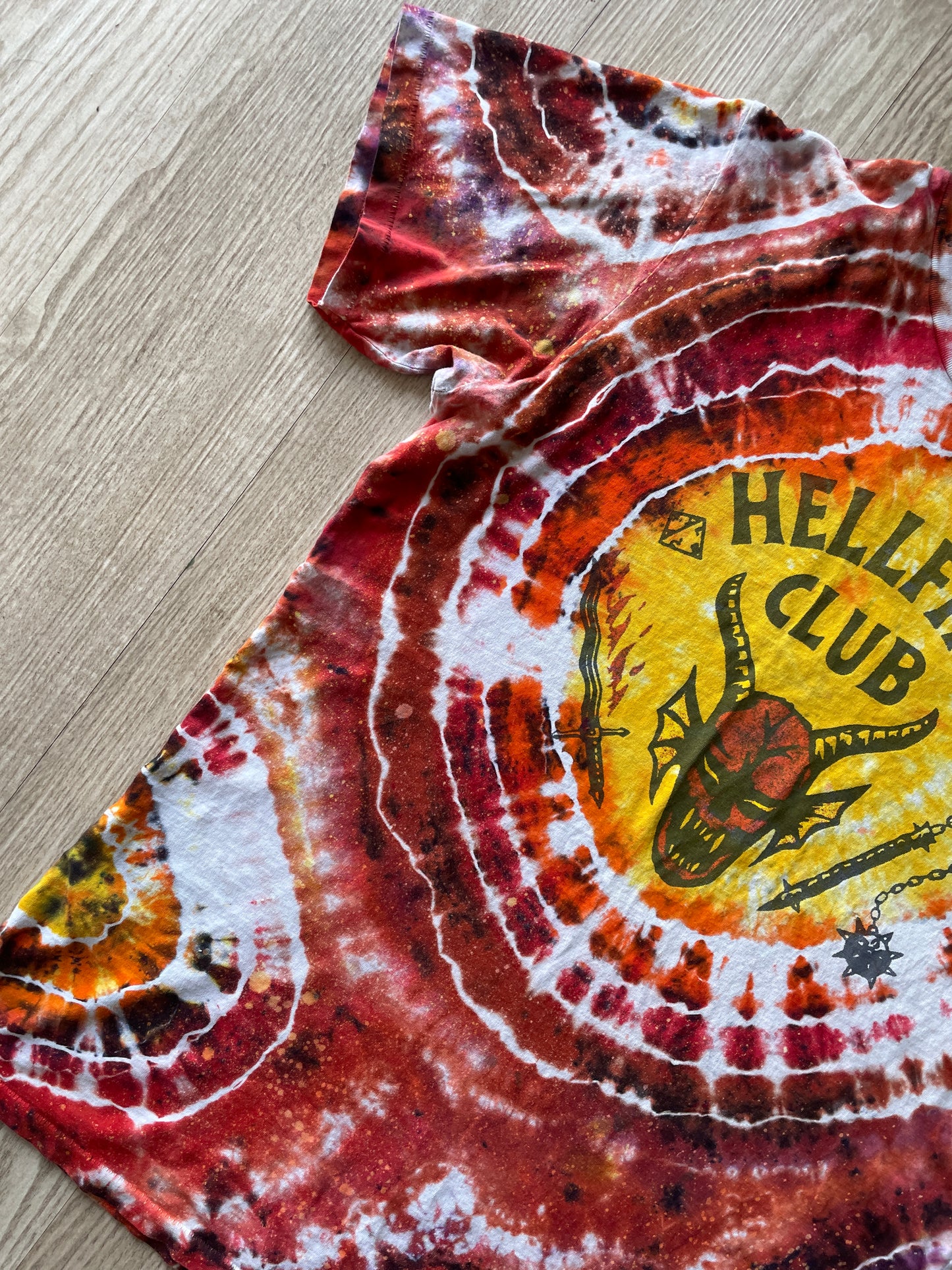 MEDIUM Men’s Hellfire Club Handmade Tie Dye Geode Short Sleeve T-Shirt | One-Of-a-Kind Upcycled Local Boogeyman Red, Black, and White Handmade Reverse Tie Dye Top