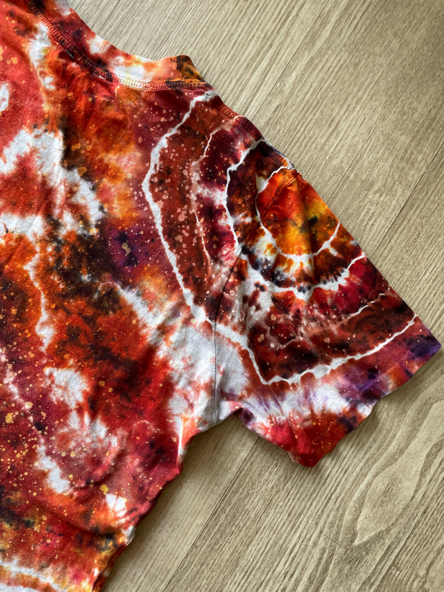 MEDIUM Men’s Hellfire Club Handmade Tie Dye Geode Short Sleeve T-Shirt | One-Of-a-Kind Upcycled Local Boogeyman Red, Black, and White Handmade Reverse Tie Dye Top