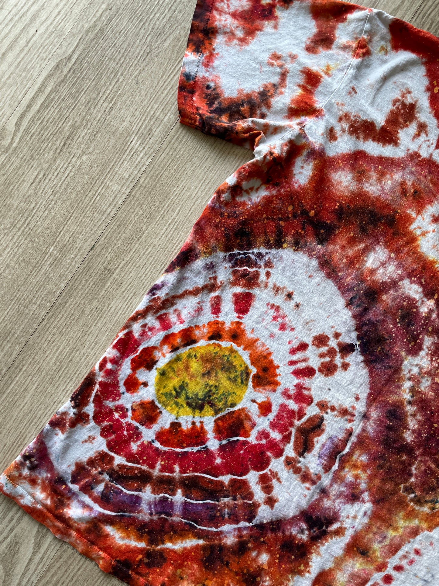 MEDIUM Men’s Hellfire Club Handmade Tie Dye Geode Short Sleeve T-Shirt | One-Of-a-Kind Upcycled Local Boogeyman Red, Black, and White Handmade Reverse Tie Dye Top