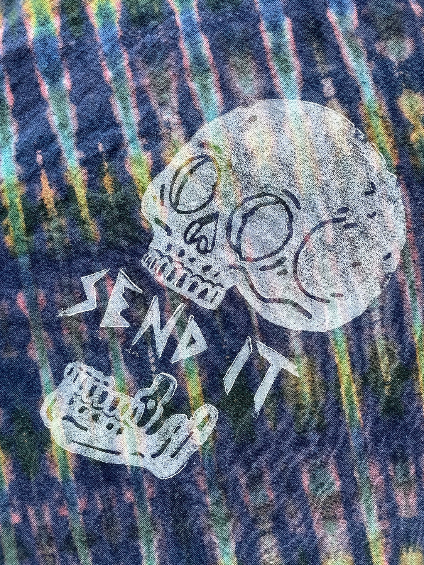 XL Men's Send It Skull Handmade Reverse Tie Dye Short Sleeve T-Shirt | One-Of-a-Kind Upcycled Navy Blue and Green Top