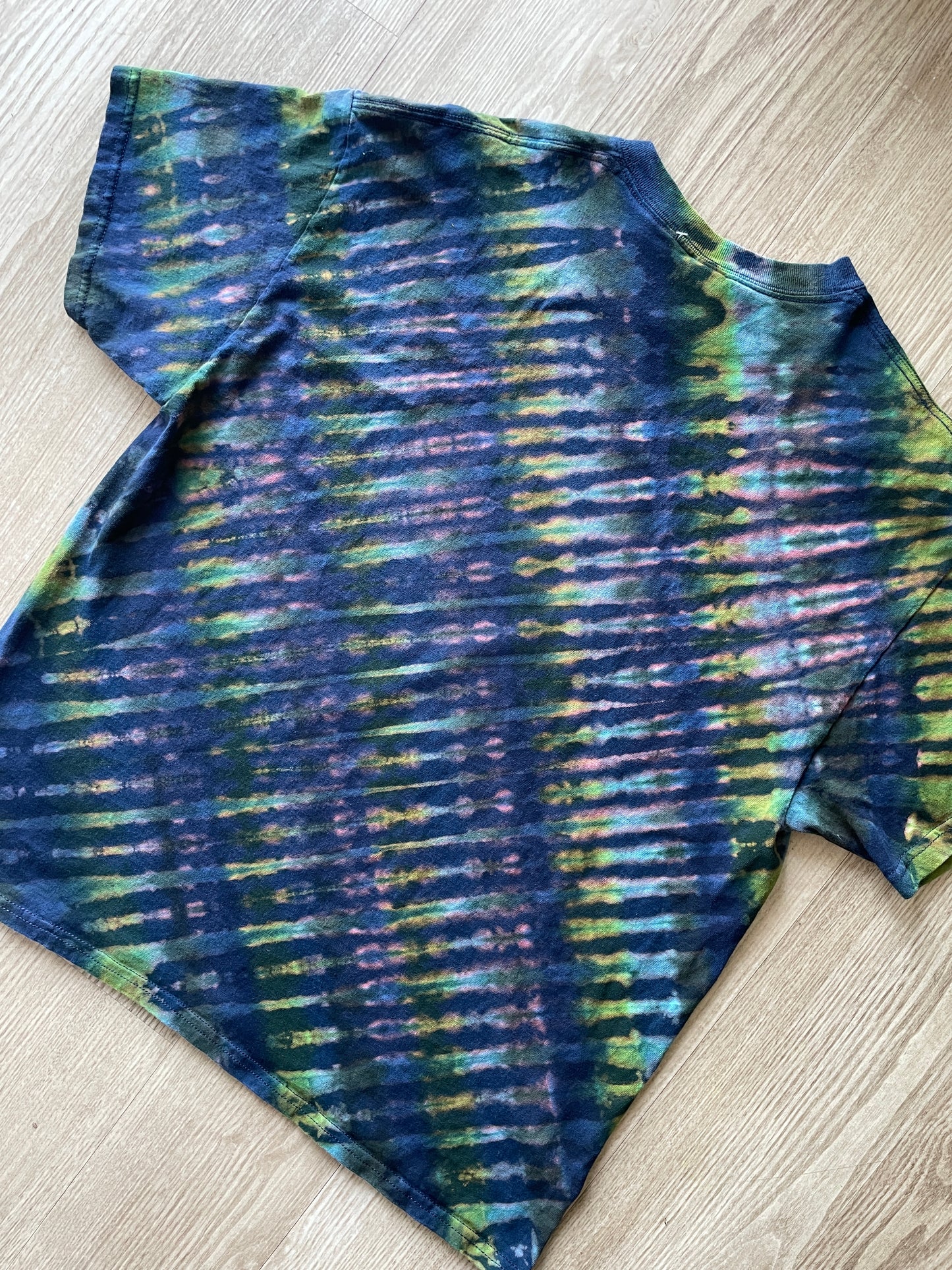 XL Men's Send It Skull Handmade Reverse Tie Dye Short Sleeve T-Shirt | One-Of-a-Kind Upcycled Navy Blue and Green Top