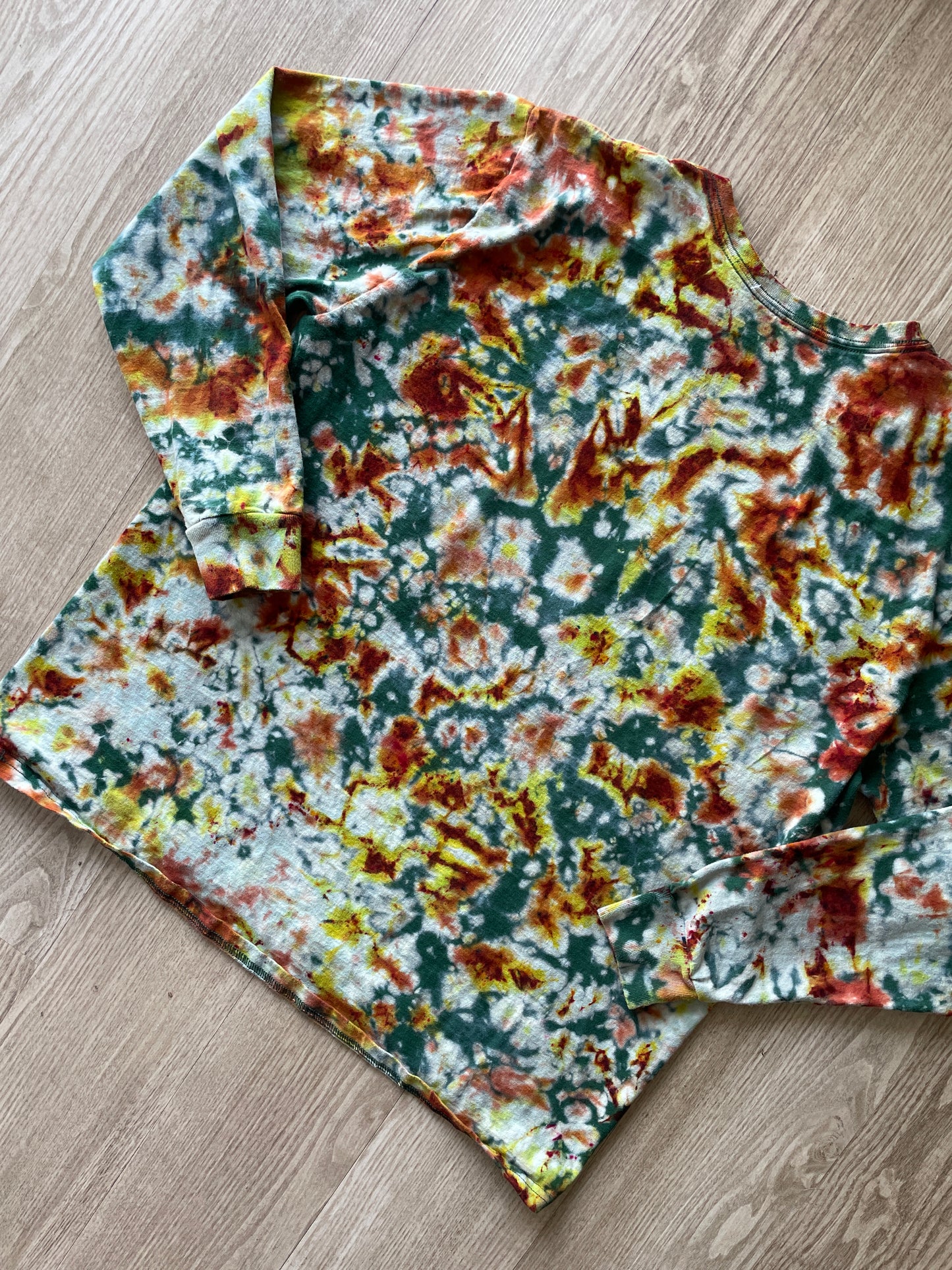 XL Men’s Hand-Printed Delicate Arch Long Sleeve Tie Dye T-Shirt | One-Of-a-Kind Upcycled Green, Yellow, and Orange Desert Colors Graphic Tee