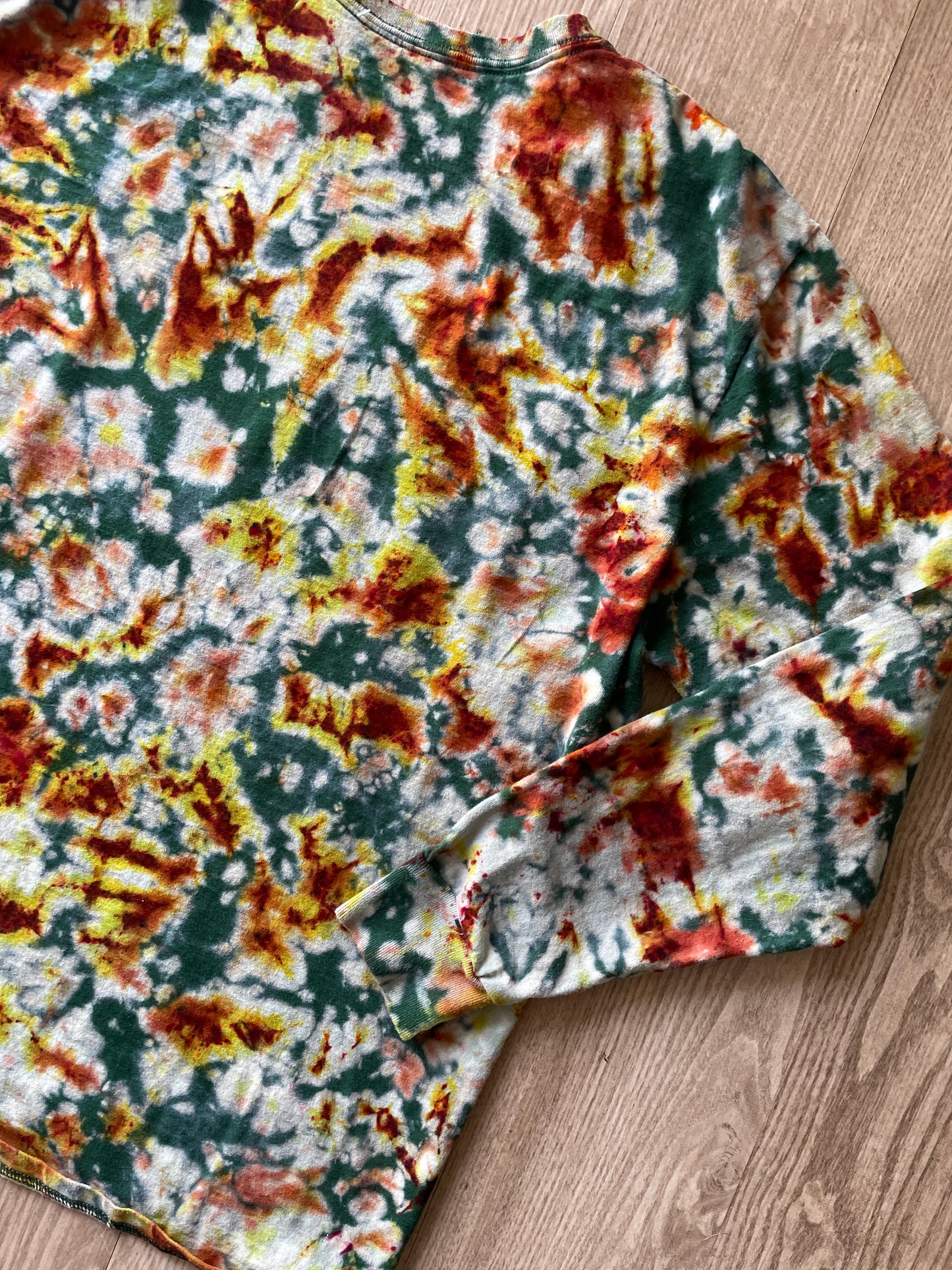 XL Men’s Hand-Printed Delicate Arch Long Sleeve Tie Dye T-Shirt | One-Of-a-Kind Upcycled Green, Yellow, and Orange Desert Colors Graphic Tee