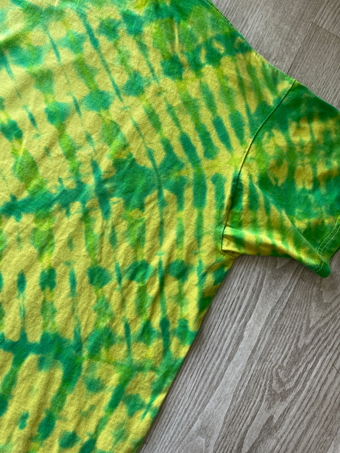 2XL Men’s Climbing Shoe Handmade Tie Dyed T-Shirt | One-Of-a-Kind Yellow, Blue, and Green Pleated Short Sleeve