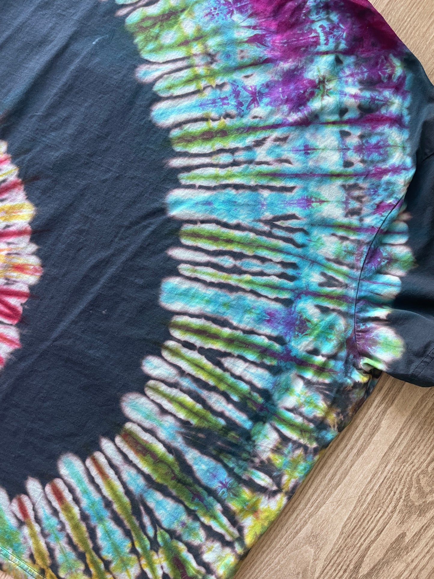 3XL Men’s Handprinted Climbing Shoe Reverse Tie Dye Handmade T-Shirt | One-Of-a-Kind Black and Rainbow Spiral Short Sleeve