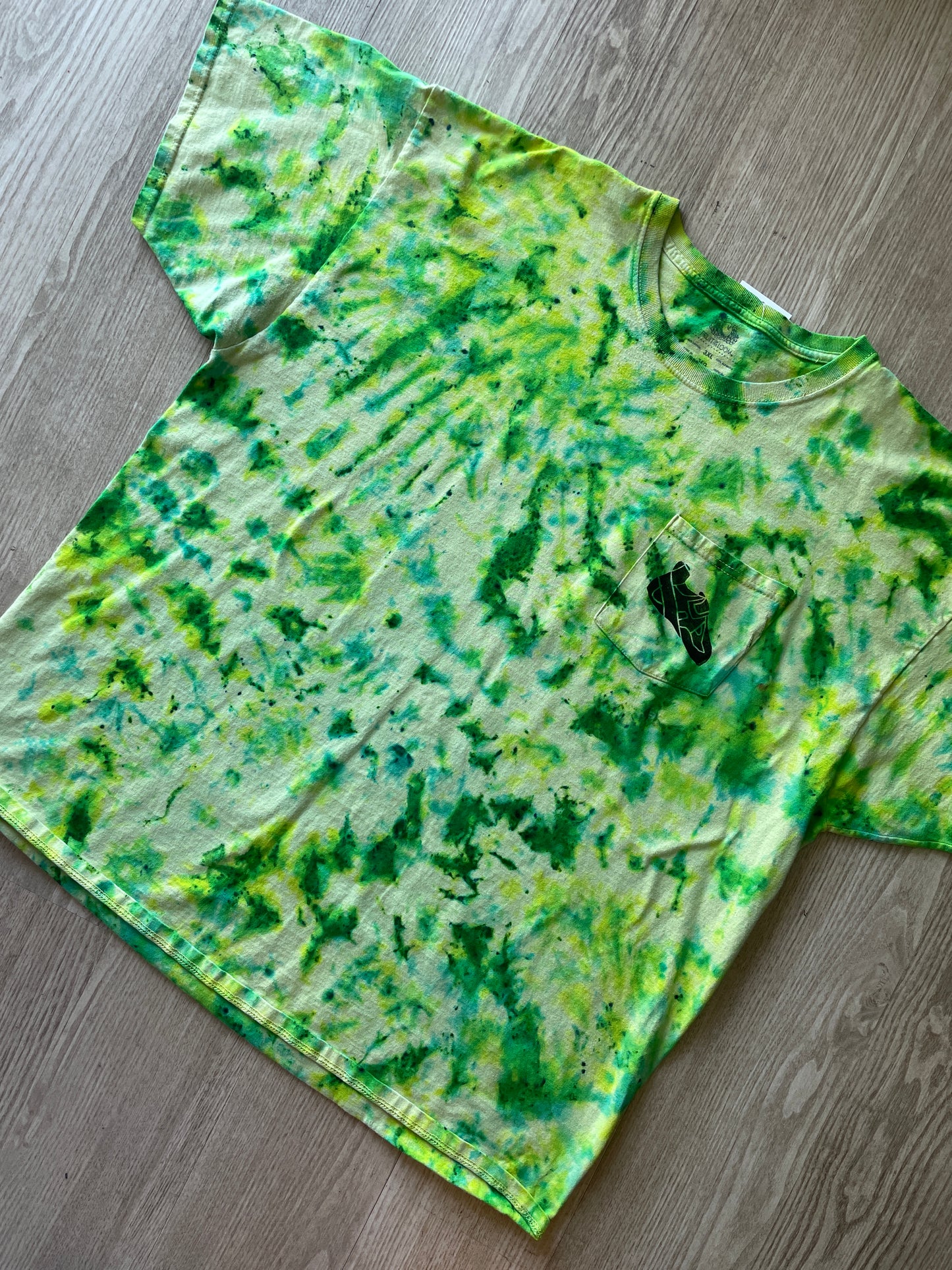 3XL Men’s Climbing Shoe Handmade Tie Dyed T-Shirt | One-Of-a-Kind Yellow, Blue, and Green Crumpled Short Sleeve