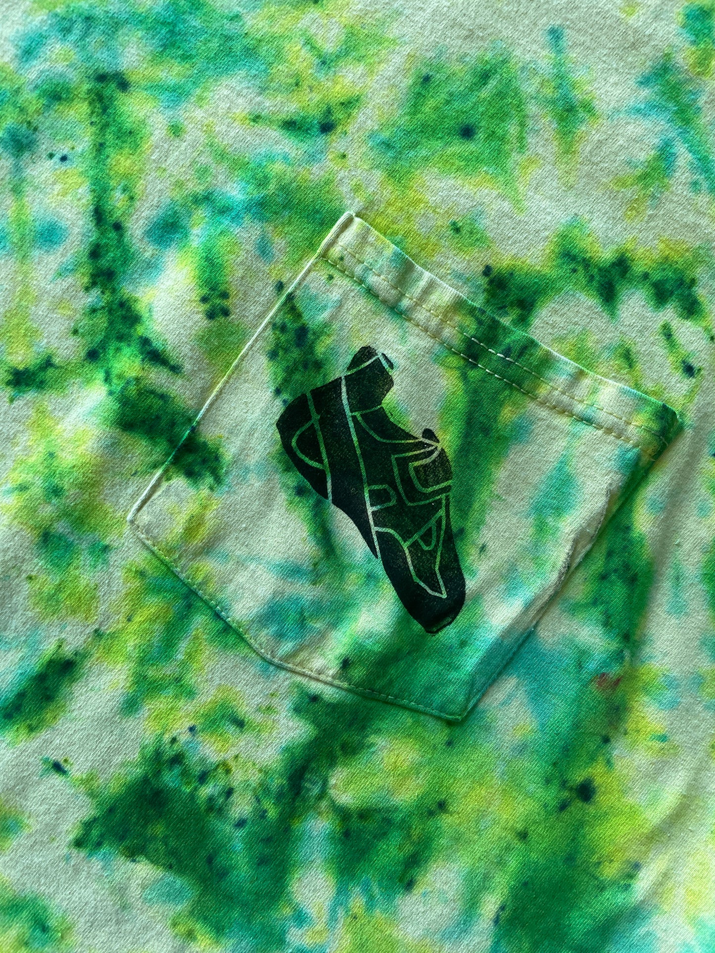 3XL Men’s Climbing Shoe Handmade Tie Dyed T-Shirt | One-Of-a-Kind Yellow, Blue, and Green Crumpled Short Sleeve