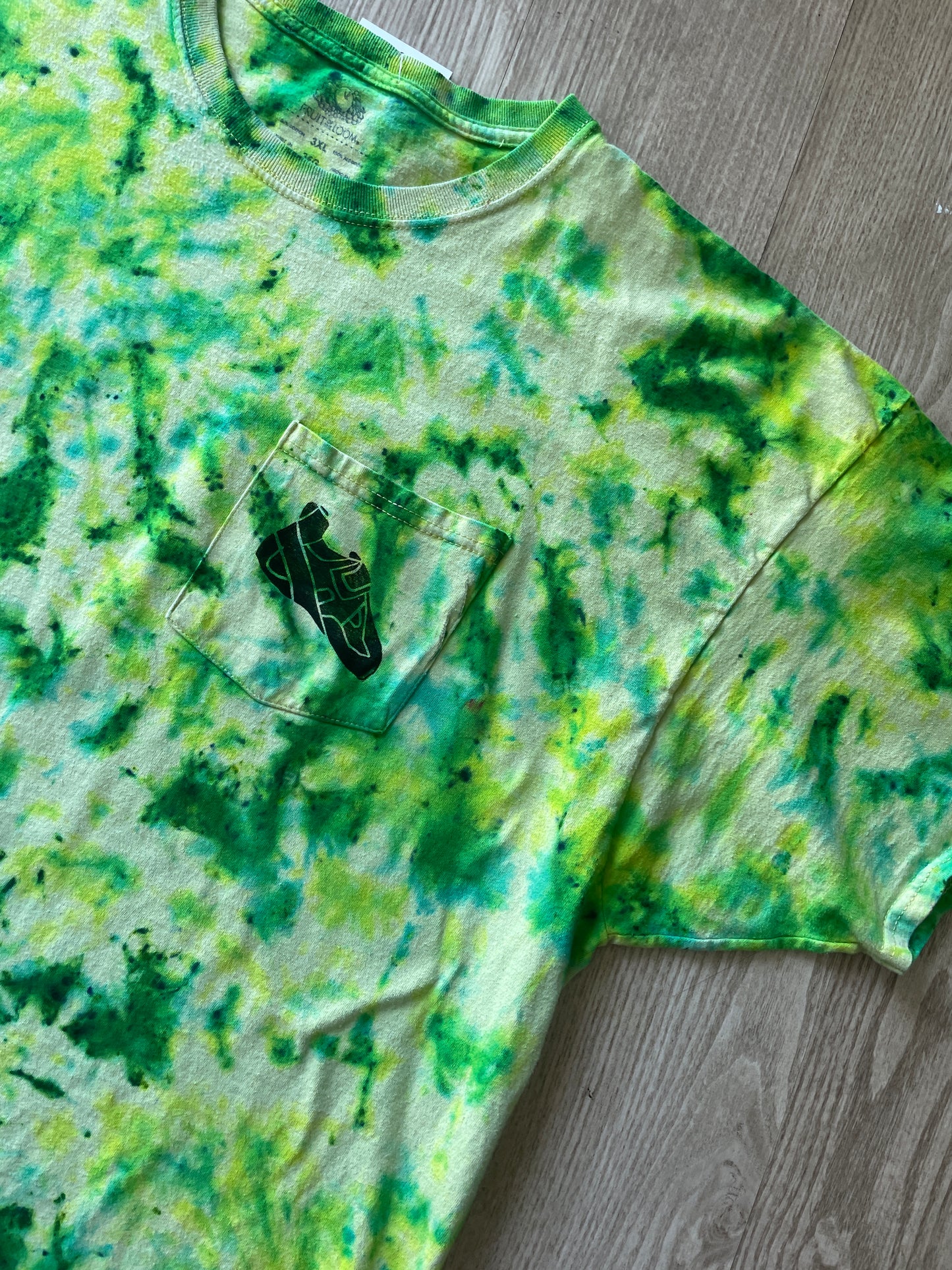 3XL Men’s Climbing Shoe Handmade Tie Dyed T-Shirt | One-Of-a-Kind Yellow, Blue, and Green Crumpled Short Sleeve
