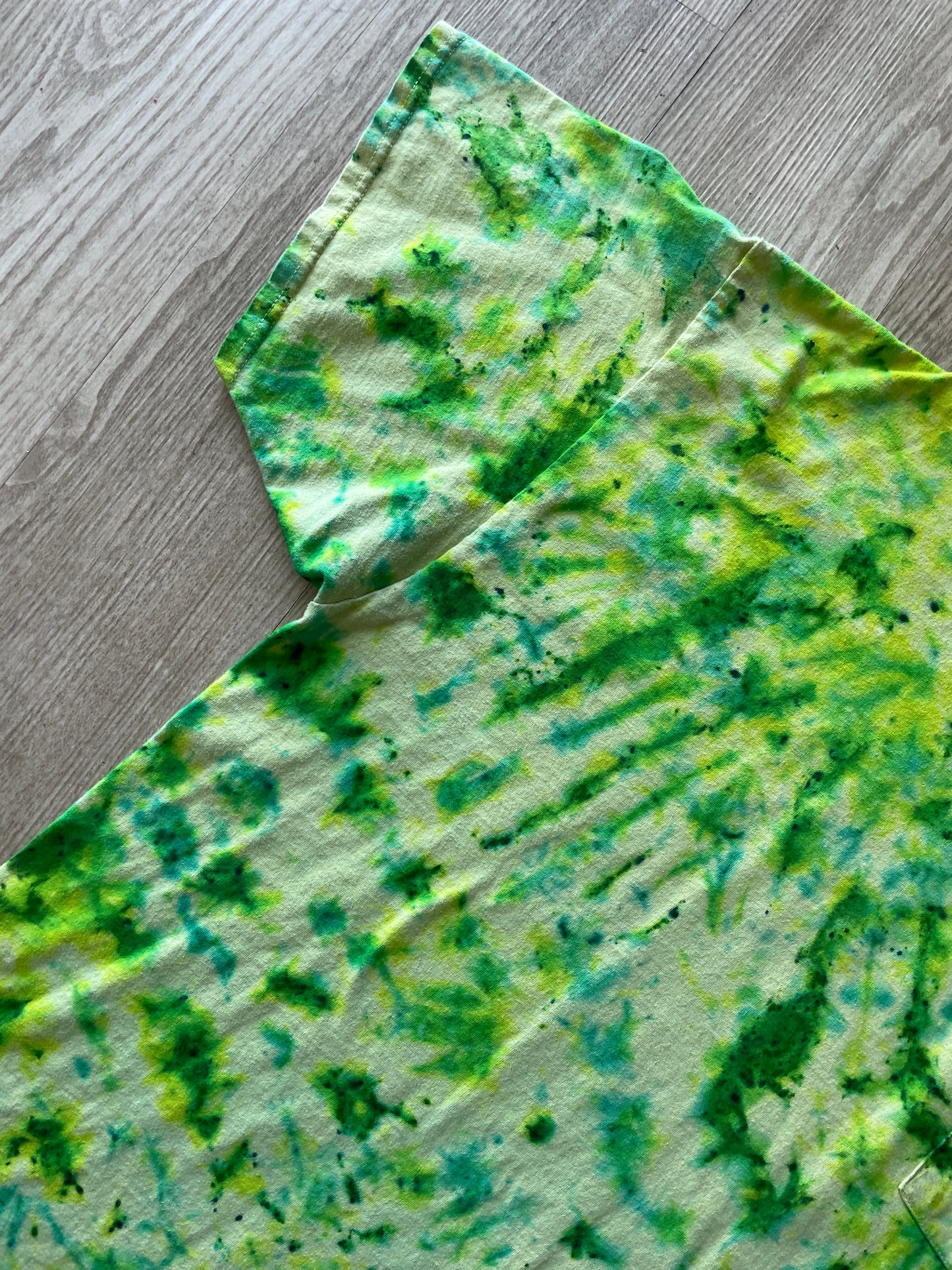 3XL Men’s Climbing Shoe Handmade Tie Dyed T-Shirt | One-Of-a-Kind Yellow, Blue, and Green Crumpled Short Sleeve