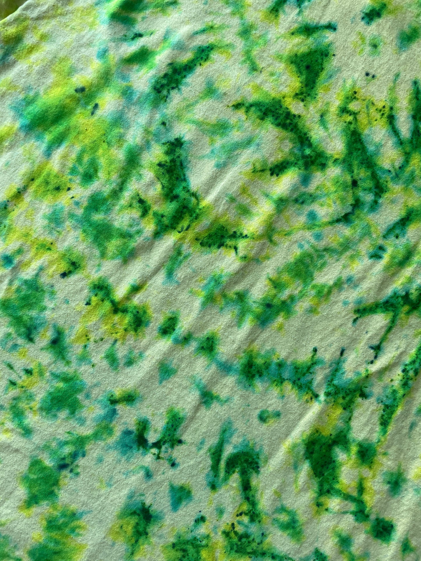 3XL Men’s Climbing Shoe Handmade Tie Dyed T-Shirt | One-Of-a-Kind Yellow, Blue, and Green Crumpled Short Sleeve