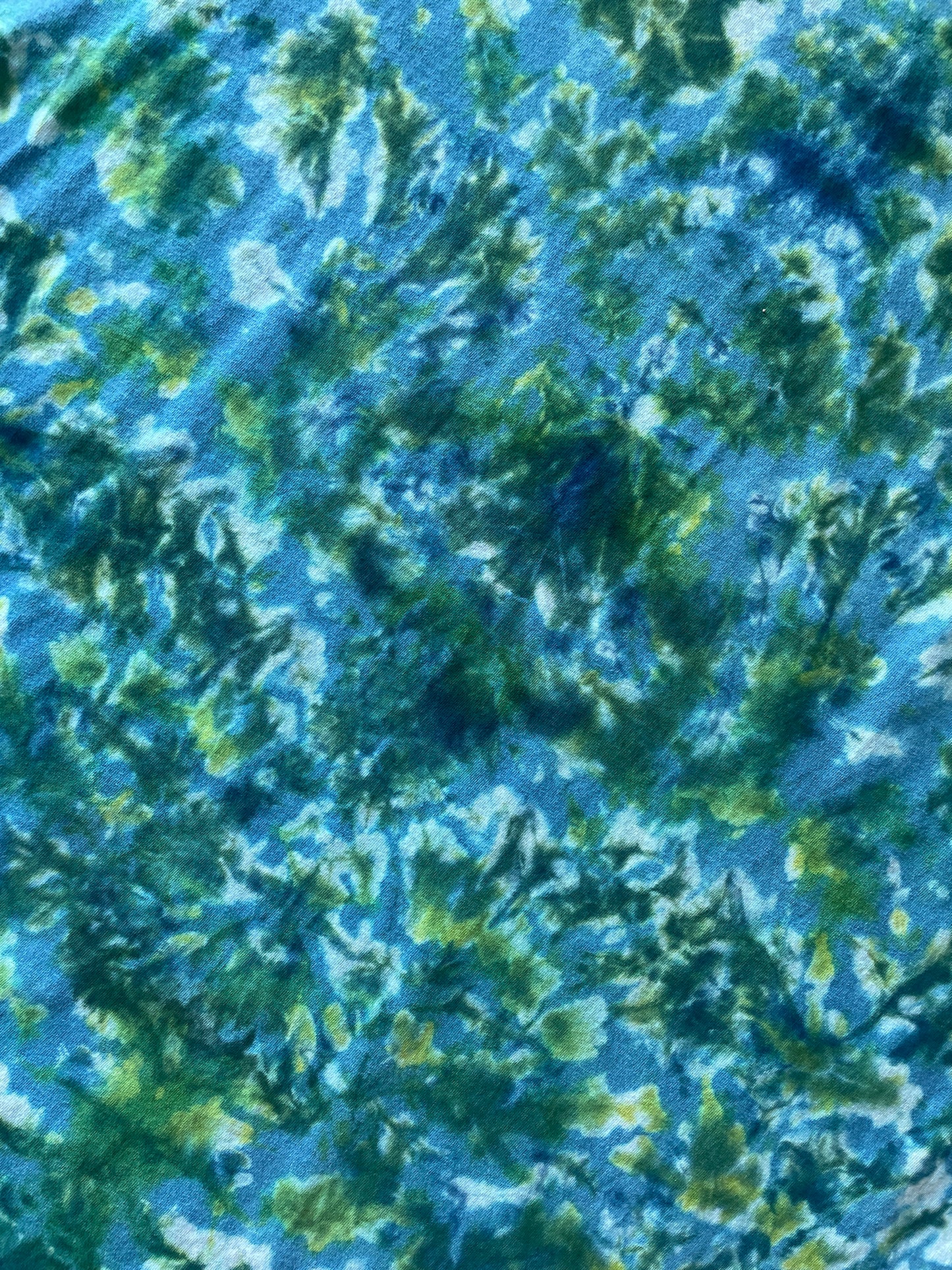 3XL Men's Handprinted Snakes and Vines Handmade Tie Dye Short Sleeve T-Shirt | One-Of-a-Kind Upcycled Blue, Green, and White Crumpled Top