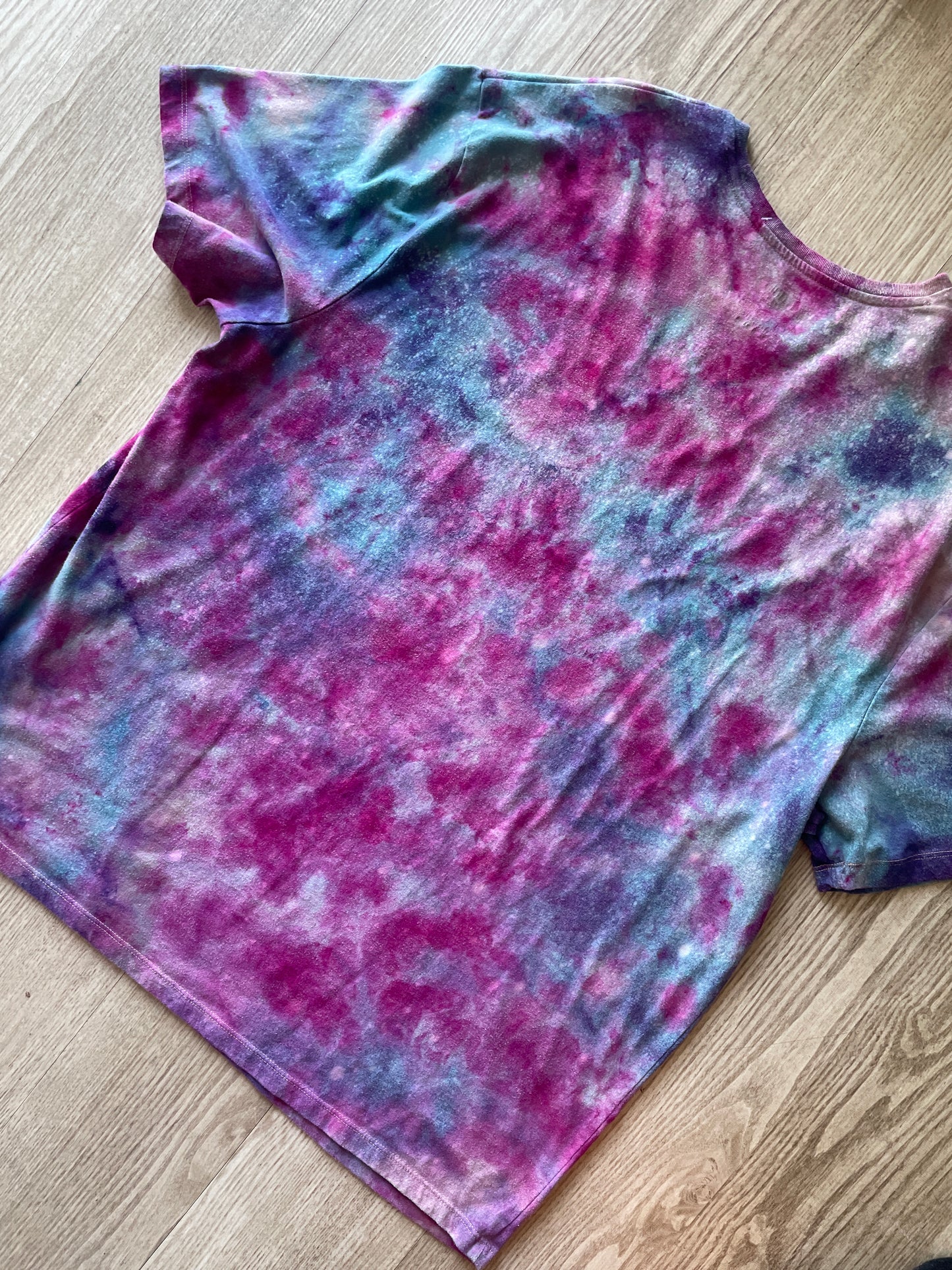 2XL Men's Handprinted Snakes and Vines Galaxy Tie Dye Short Sleeve T-Shirt | One-Of-a-Kind Upcycled Purple, Pink, and Blue Ice Dye Top