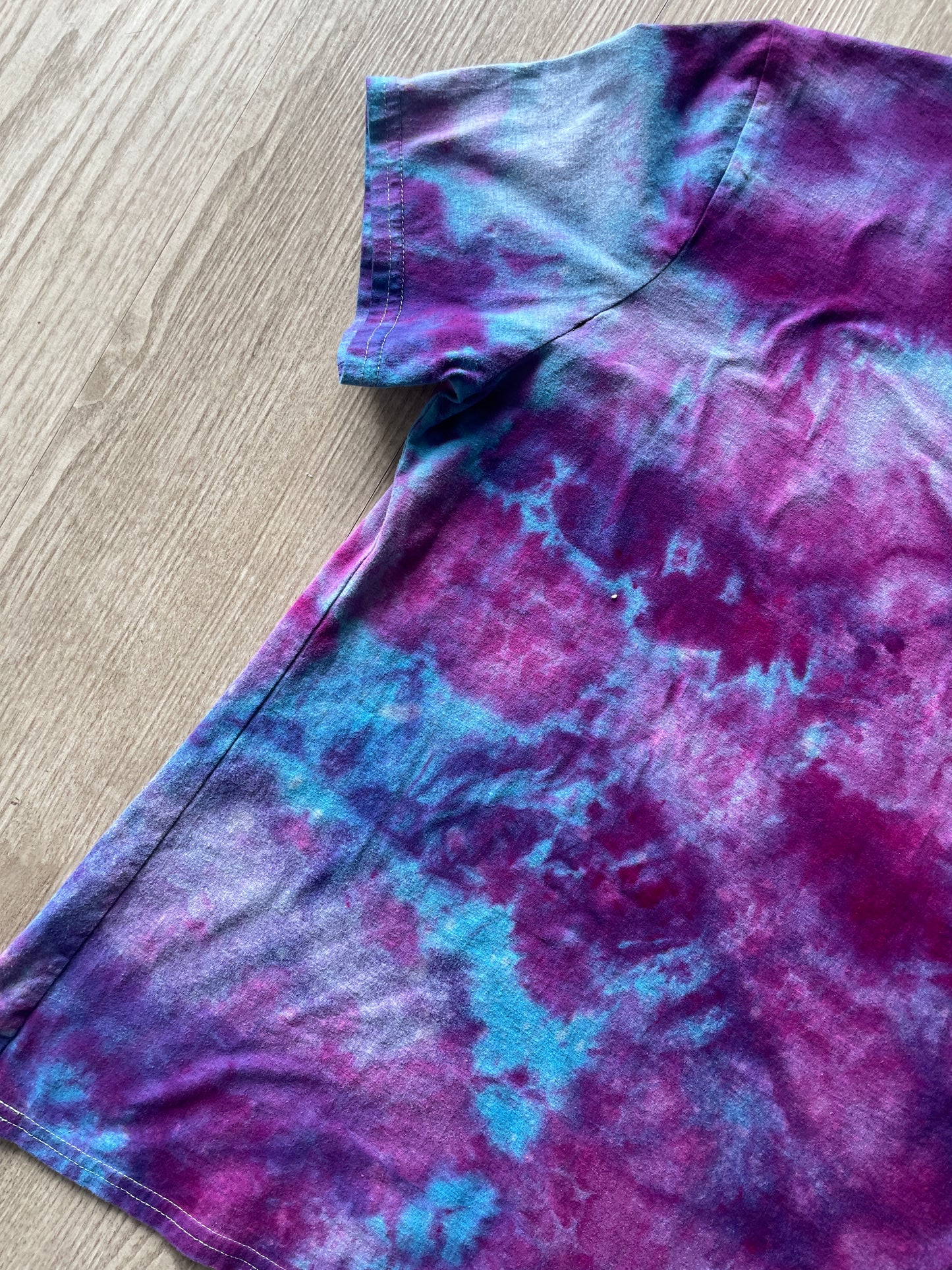 2X Juniors' Handprinted Snakes and Vines Galaxy Tie Dye Short Sleeve T-Shirt | One-Of-a-Kind Upcycled Purple, Pink, and Blue Ice Dye Top