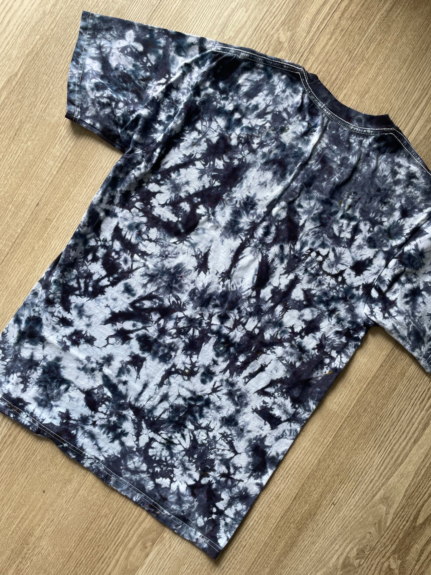 Medium Men's Thumbs Up Skeleton Hands Handmade Reverse Tie Dye Short Sleeve T-Shirt | One-Of-a-Kind Upcycled White and Black Crumpled Top