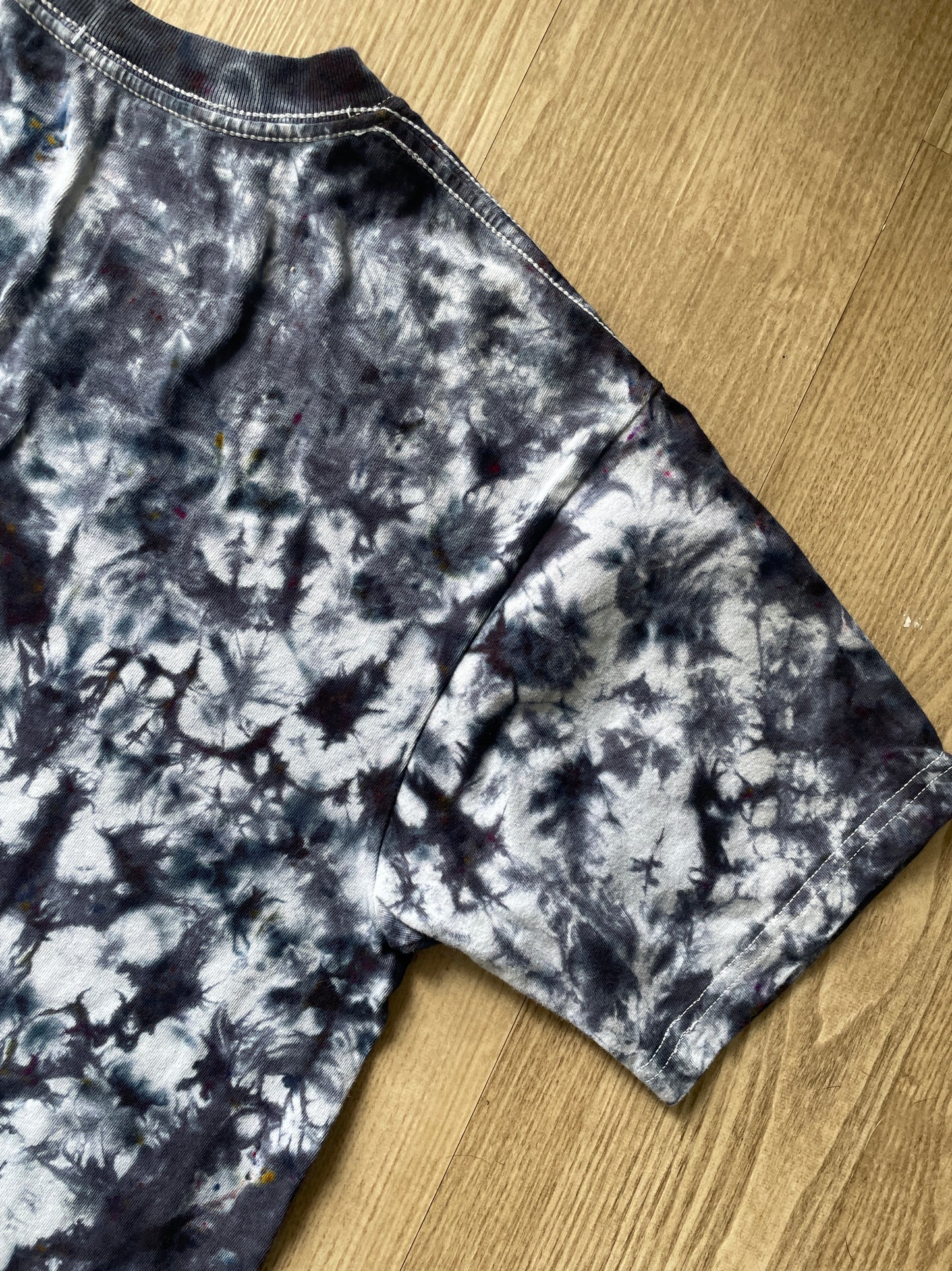 Medium Men's Thumbs Up Skeleton Hands Handmade Reverse Tie Dye Short Sleeve T-Shirt | One-Of-a-Kind Upcycled White and Black Crumpled Top