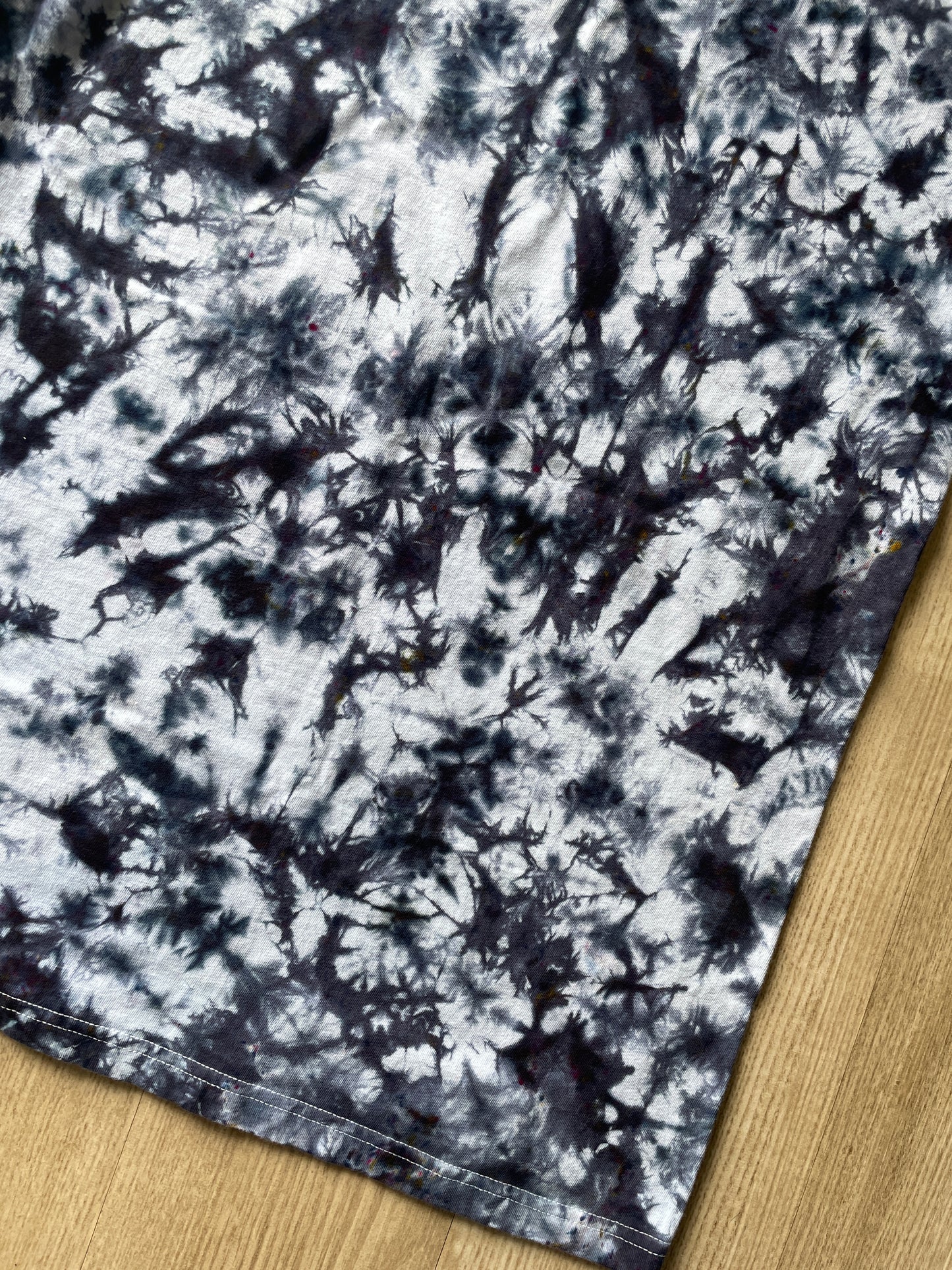 Medium Men's Thumbs Up Skeleton Hands Handmade Reverse Tie Dye Short Sleeve T-Shirt | One-Of-a-Kind Upcycled White and Black Crumpled Top