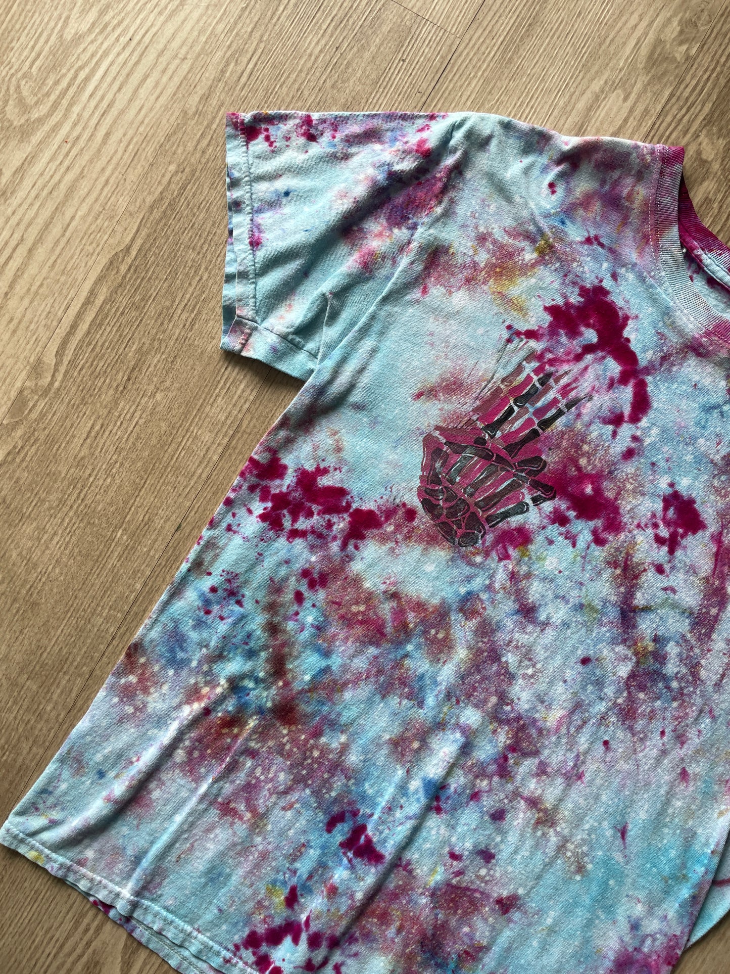Medium Men's Hand-Printed Skeleton Peace Sign Galaxy Ice Dye Short Sleeve T-Shirt | Handmade One-Of-a-Kind Upcycled Pastel Blue and Pink Top