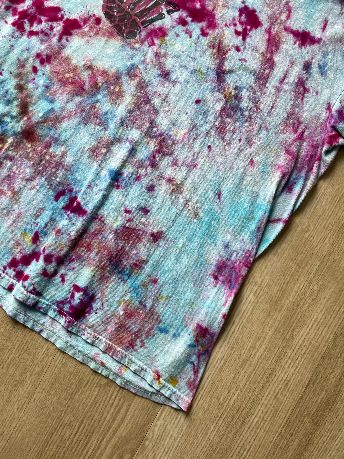 Medium Men's Hand-Printed Skeleton Peace Sign Galaxy Ice Dye Short Sleeve T-Shirt | Handmade One-Of-a-Kind Upcycled Pastel Blue and Pink Top