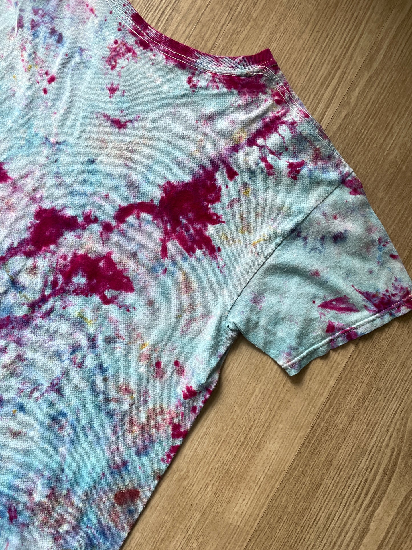 Medium Men's Hand-Printed Skeleton Peace Sign Galaxy Ice Dye Short Sleeve T-Shirt | Handmade One-Of-a-Kind Upcycled Pastel Blue and Pink Top